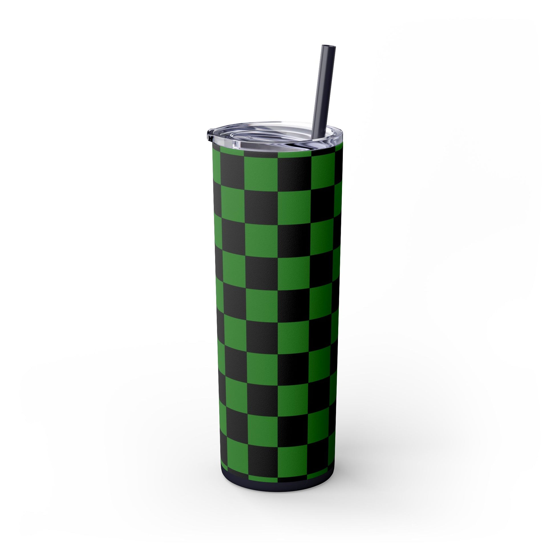 Checkerboard Green and Black Skinny Tumbler with Straw, 20oz, Artsulli - Art is Long, Life is Short, Mug, , , , , , , 