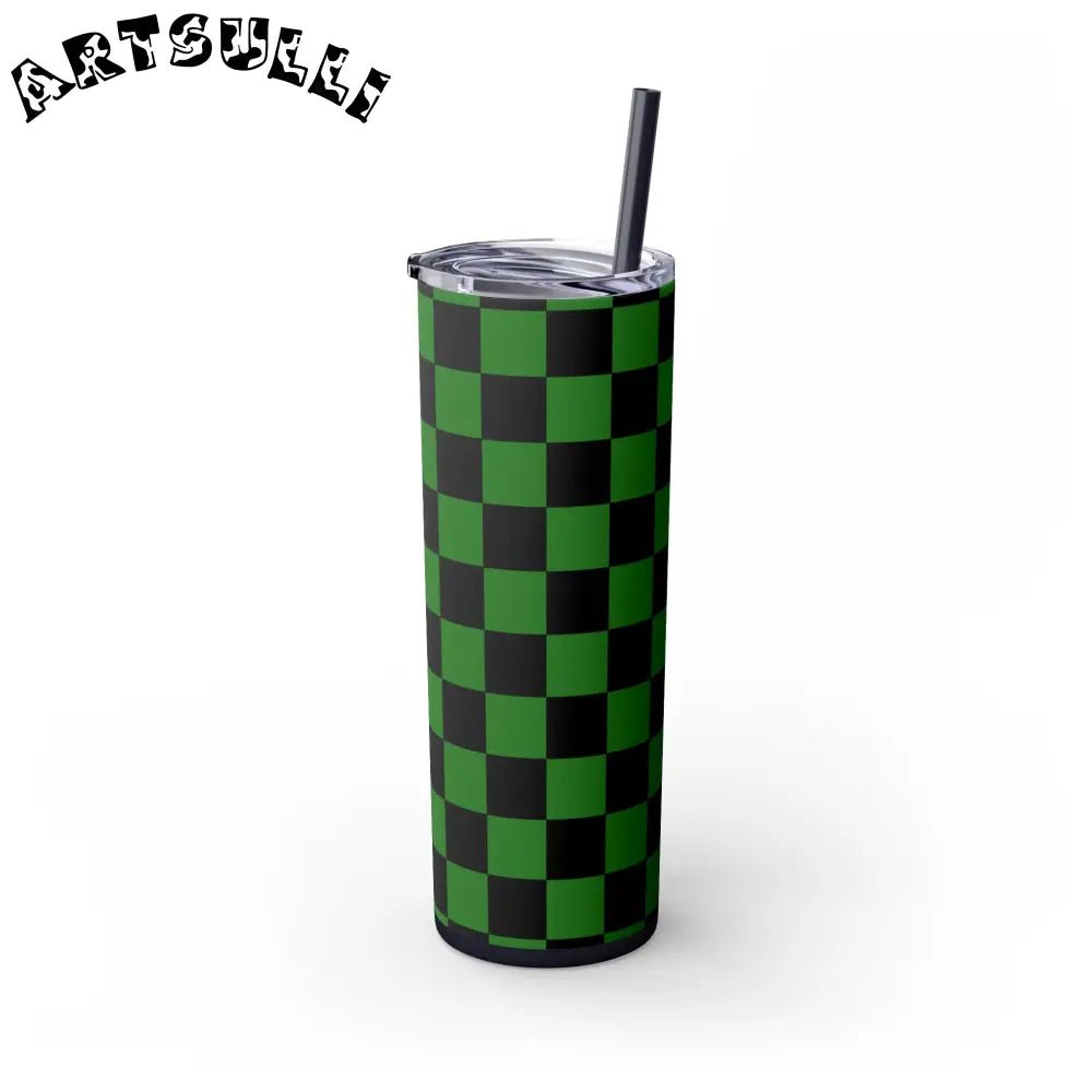 JAKKOUTTHEBXX Checkerboard Green and Black Skinny Tumbler with Straw