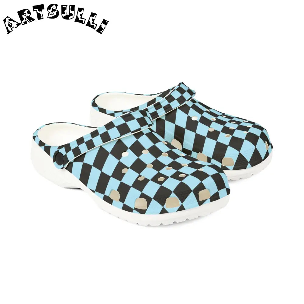 JAKKOUTTHEBXX Checkerboard Black and Blue EVA Foam Rubber Shoes
