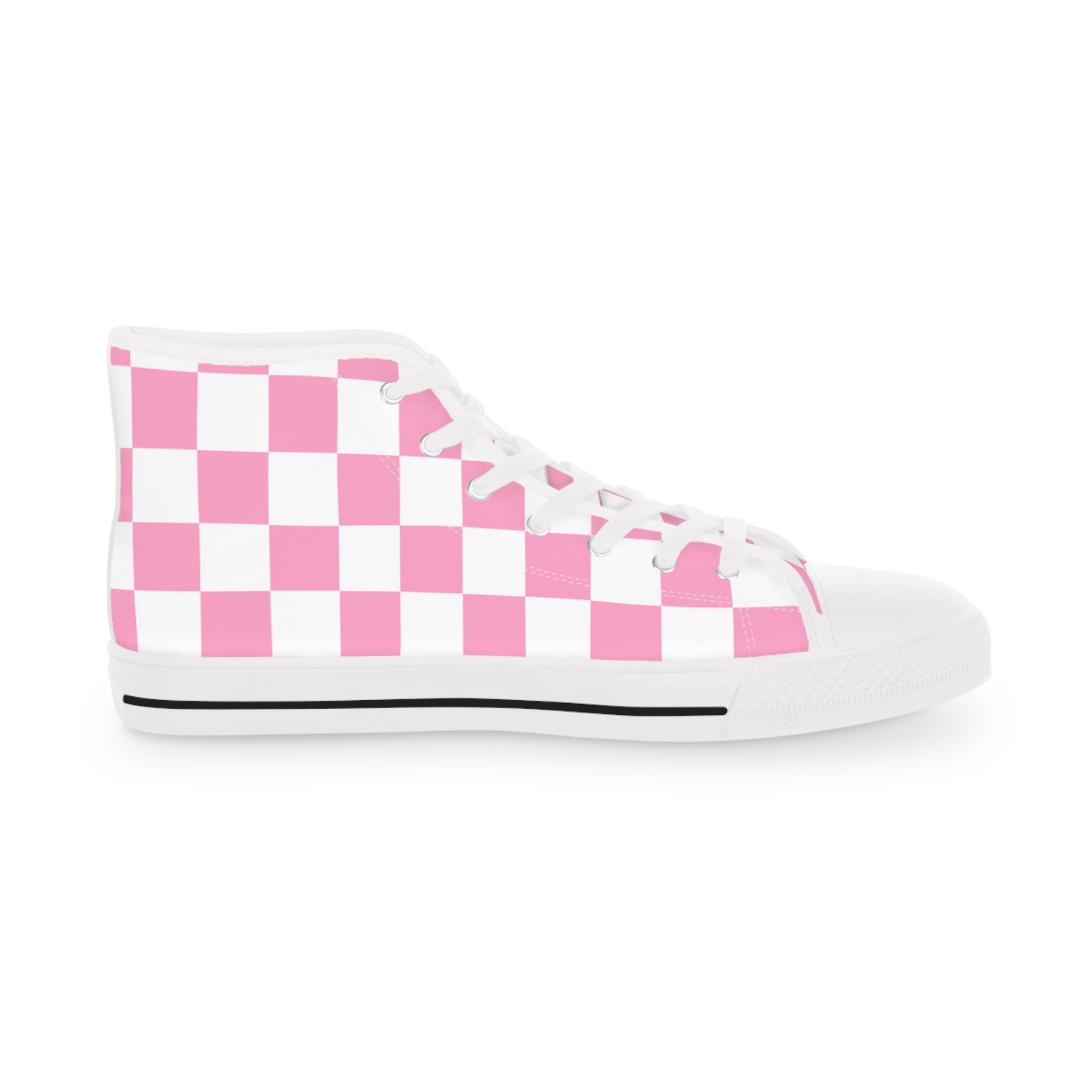 Checkerboard Hot Pink and White Men's High Top Sneakers, Artsulli - Art is Long, Life is Short, Shoes, , , , , , , 