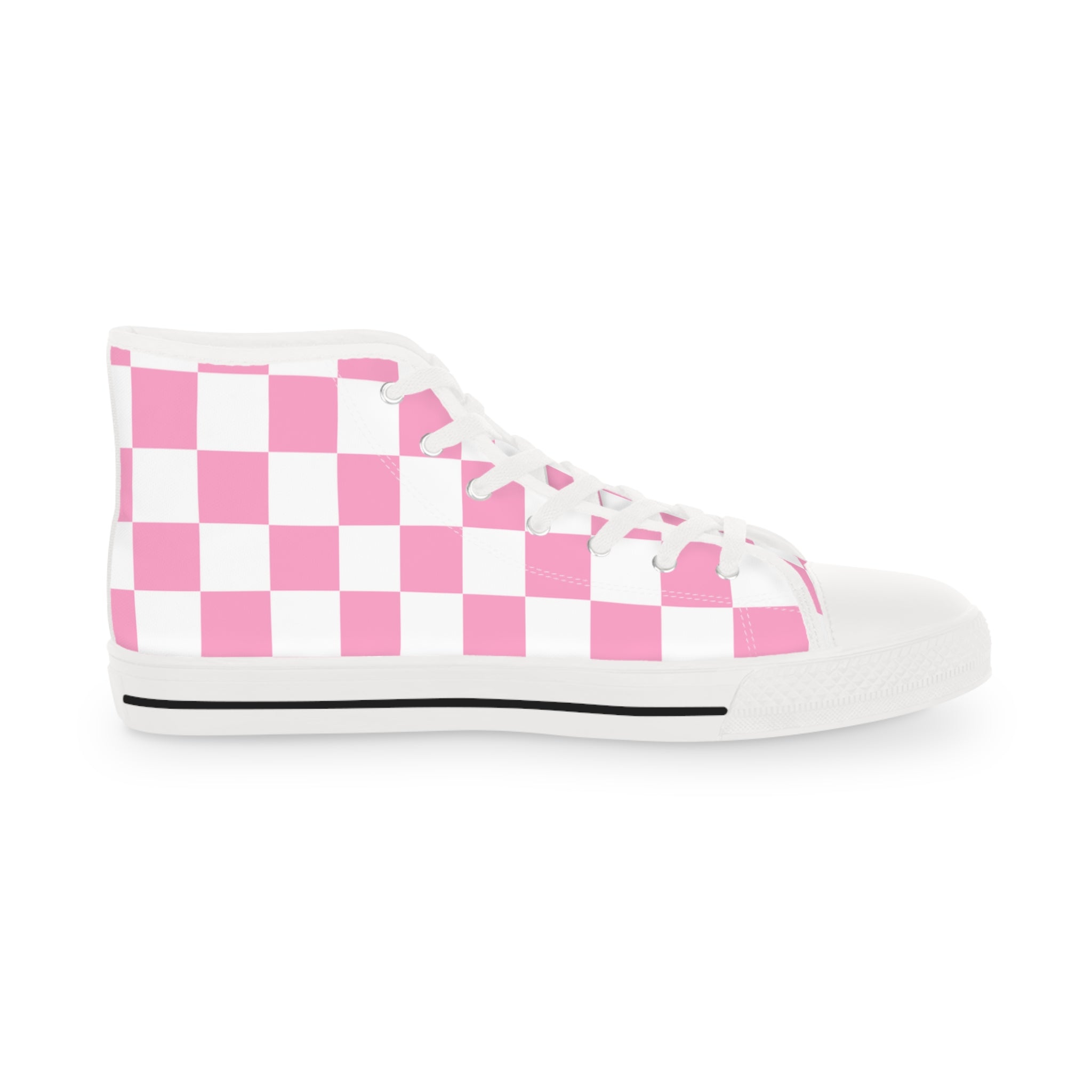 Checkerboard Hot Pink and White Men's High Top Sneakers, Artsulli - Art is Long, Life is Short, Shoes, , , , , , , 