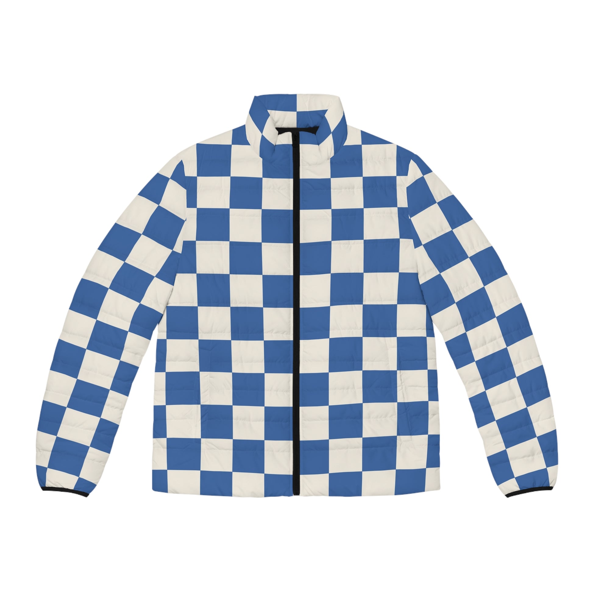 Checkerboard Blue Men's Puffer Jacket (AOP), Artsulli - Art is Long, Life is Short, All Over Prints, Size, S, Color, Black zipper, , , 62400506026182220703