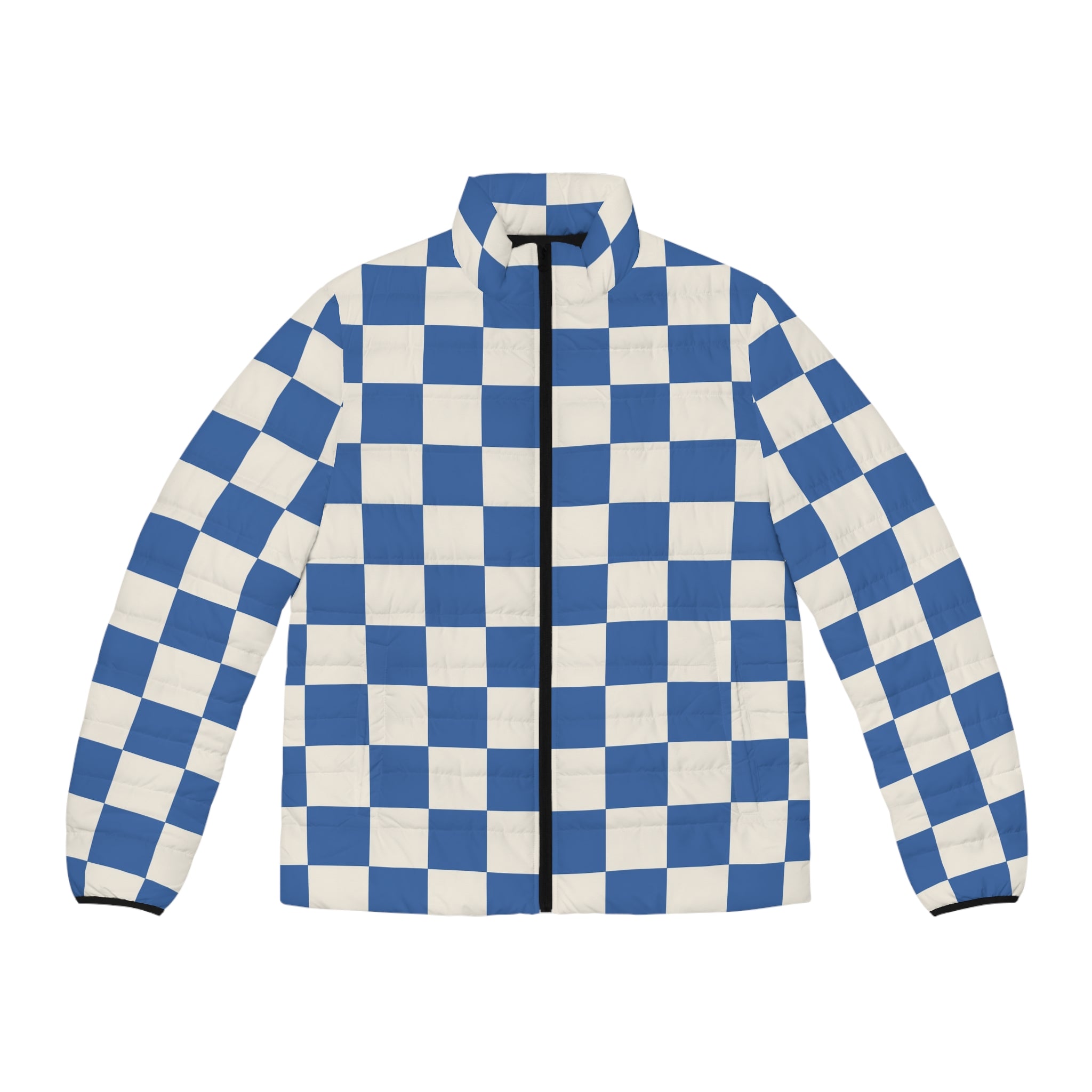 Checkerboard Blue Men's Puffer Jacket (AOP), Artsulli - Art is Long, Life is Short, All Over Prints, Size, S, Color, Black zipper, , , 62400506026182220703