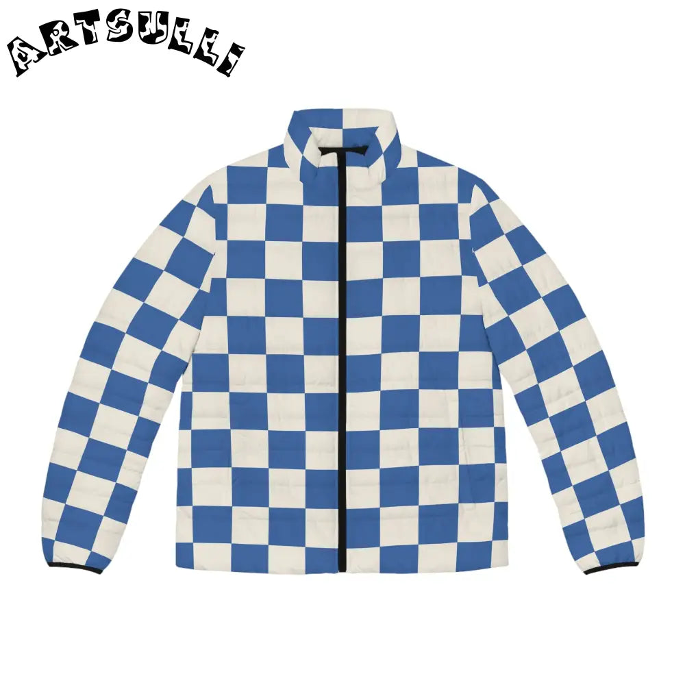 JAKKOUTTHEBXX Checkerboard Blue Men’s Puffer Jacket (AOP)