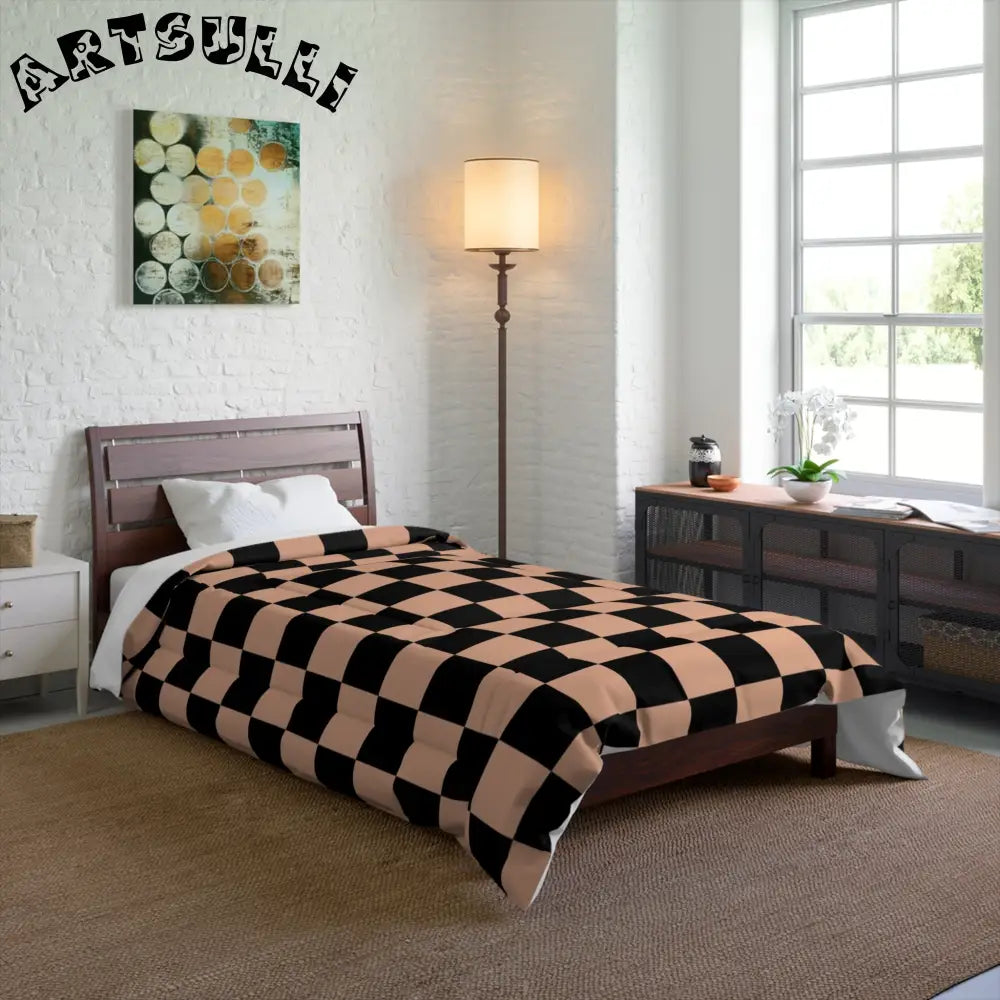 JAKKOUTTHEBXX Checkerboard Soft Orange and Black Comforter
