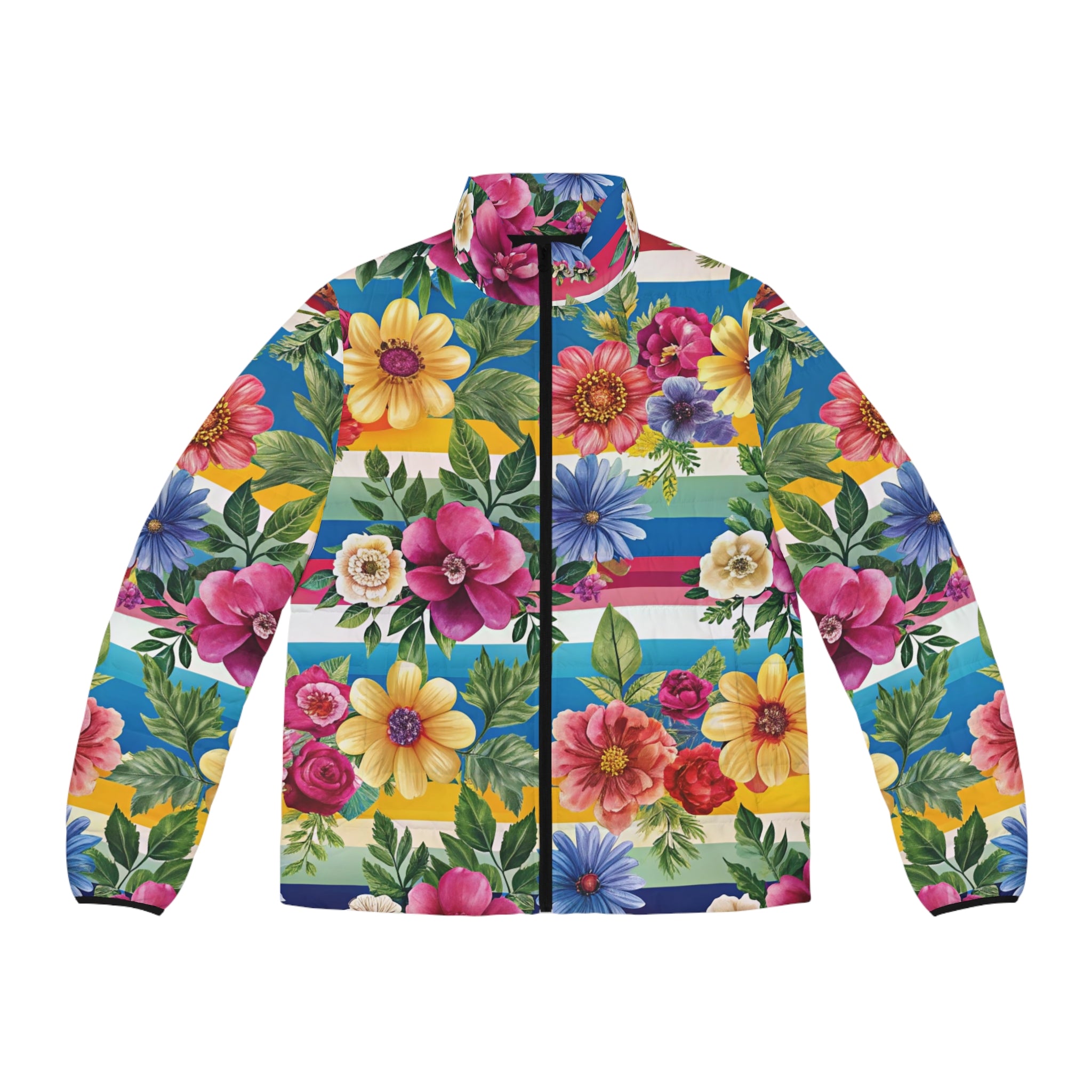 Floral Stripe 4K Men's Puffer Jacket (AOP), Artsulli - Art is Long, Life is Short, All Over Prints, Size, S, Color, Black zipper, , , 33550941644406950723