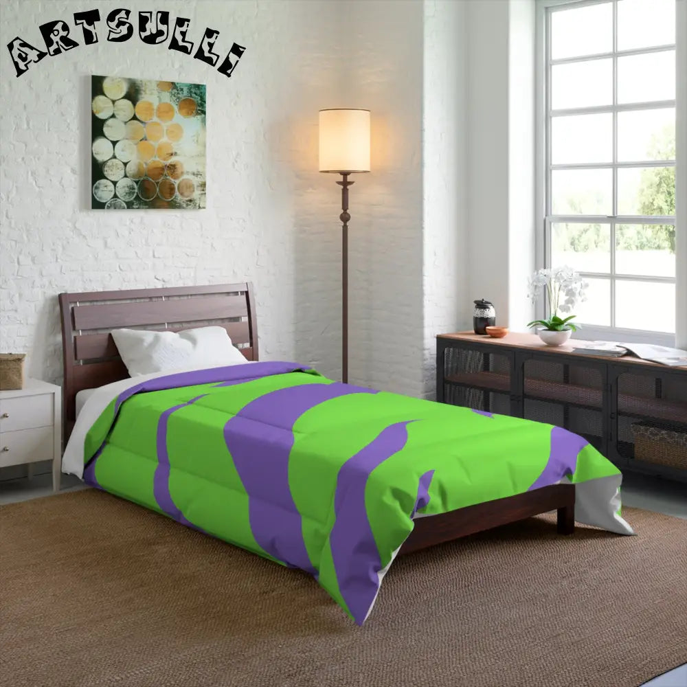 JAKKOUTTHEBXX Tyrannosaurus Print Green and Purple Comforter