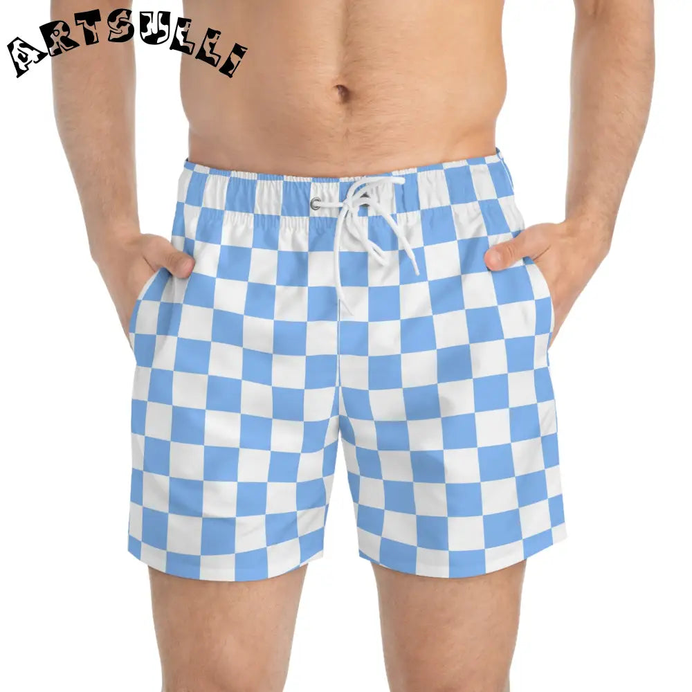 JAKKOUTTHEBXX Checkerboard II White and Light Blue Swim Trunks (AOP)