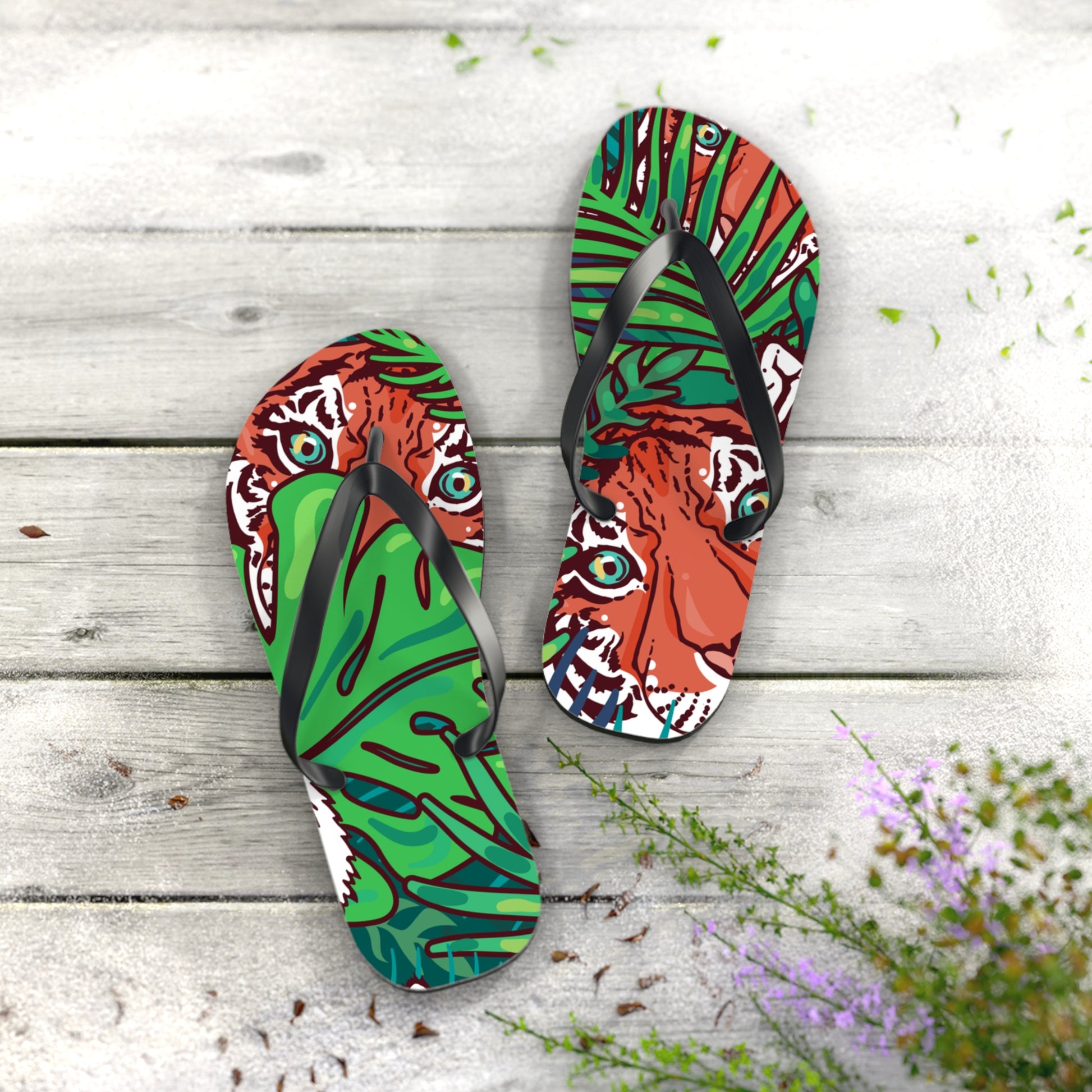 Tropical Jungle Tigers Blue and Green Flip Flops, Artsulli - Art is Long, Life is Short, Shoes, , , , , , , 