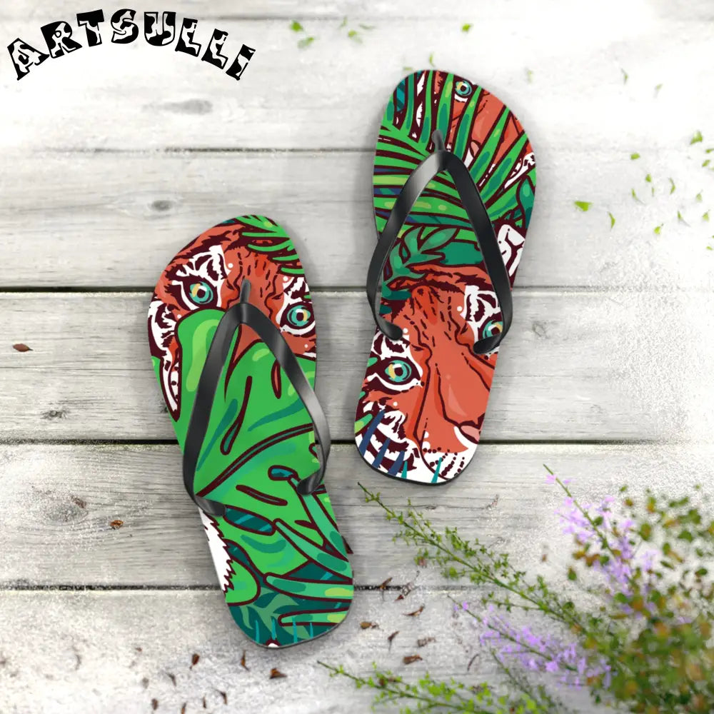 JAKKOUTTHEBXX Tropical Jungle Tigers Blue and Green Flip Flops