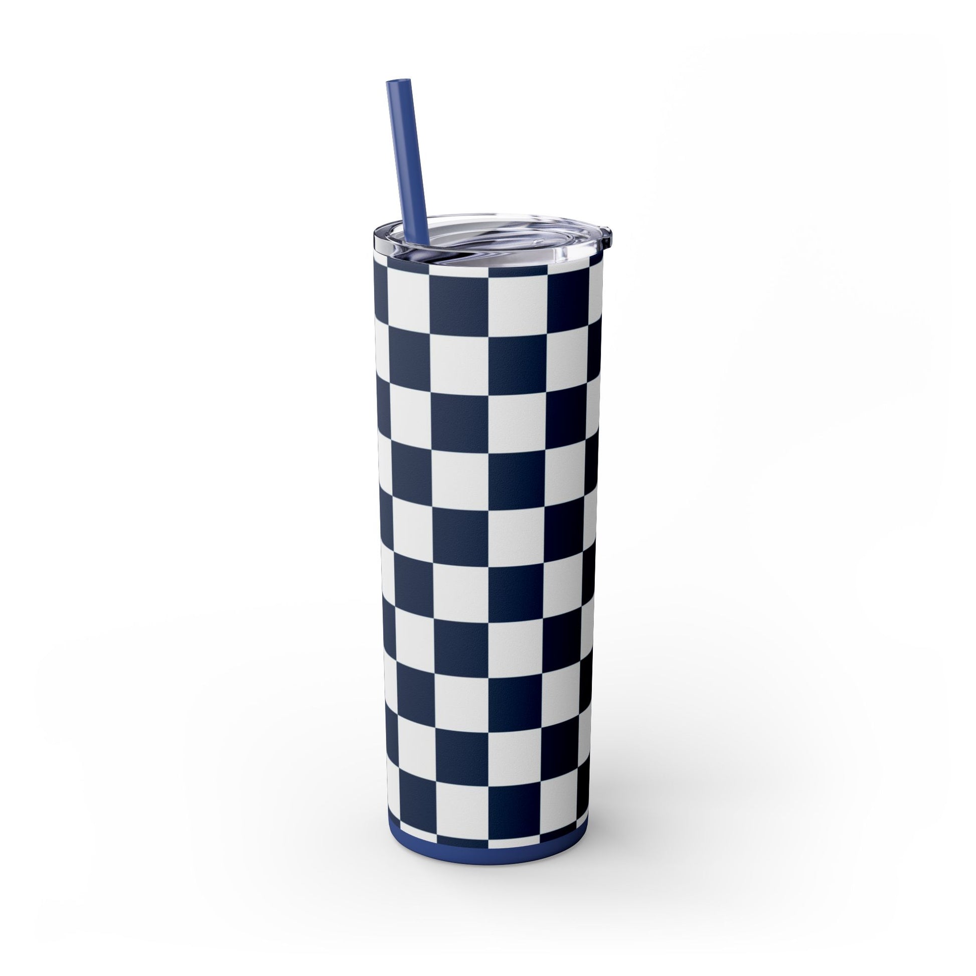 Checkerboard White and Navy Blue Skinny Tumbler with Straw, 20oz, Artsulli - Art is Long, Life is Short, Mug, , , , , , , 
