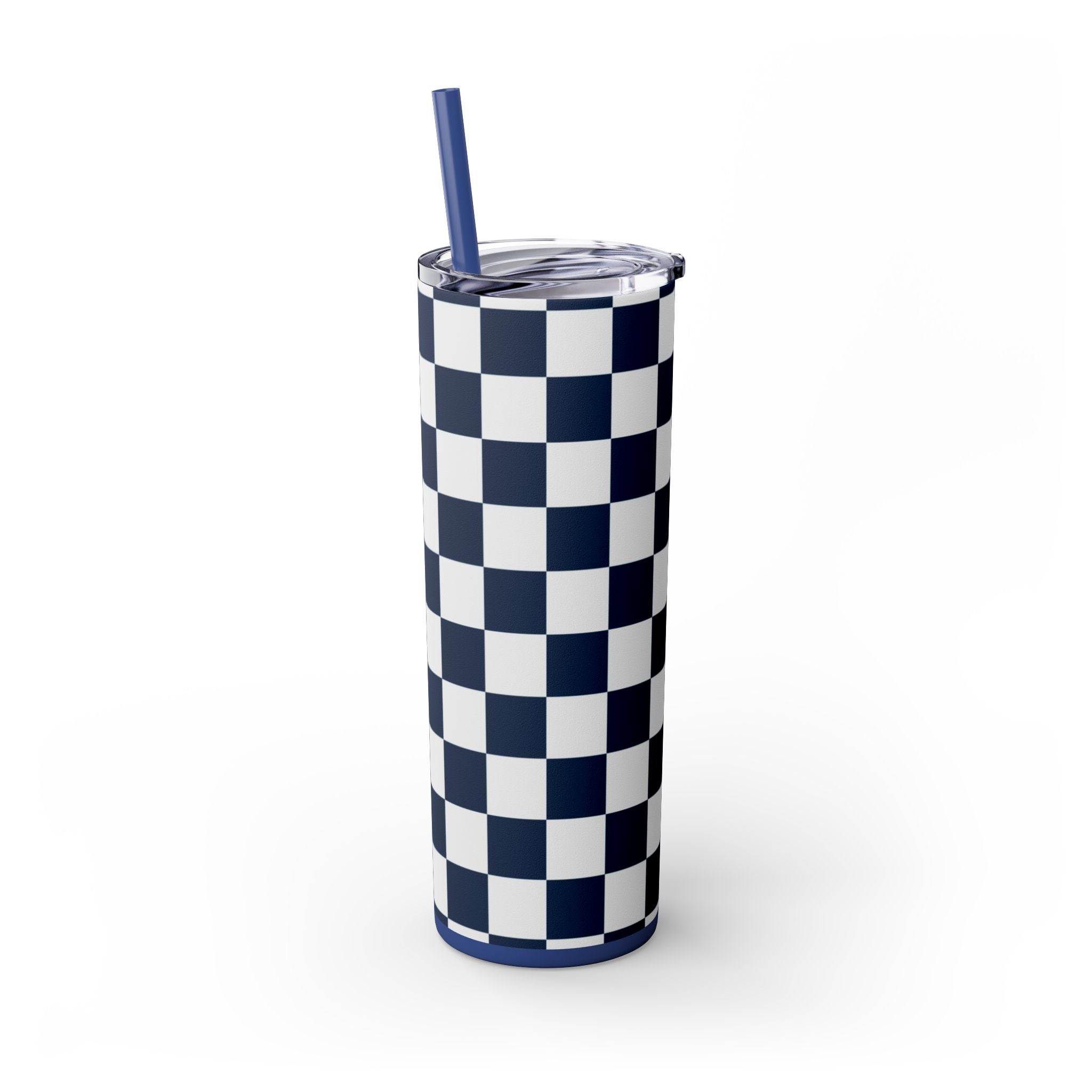 Checkerboard White and Navy Blue Skinny Tumbler with Straw, 20oz, Artsulli - Art is Long, Life is Short, Mug, , , , , , , 