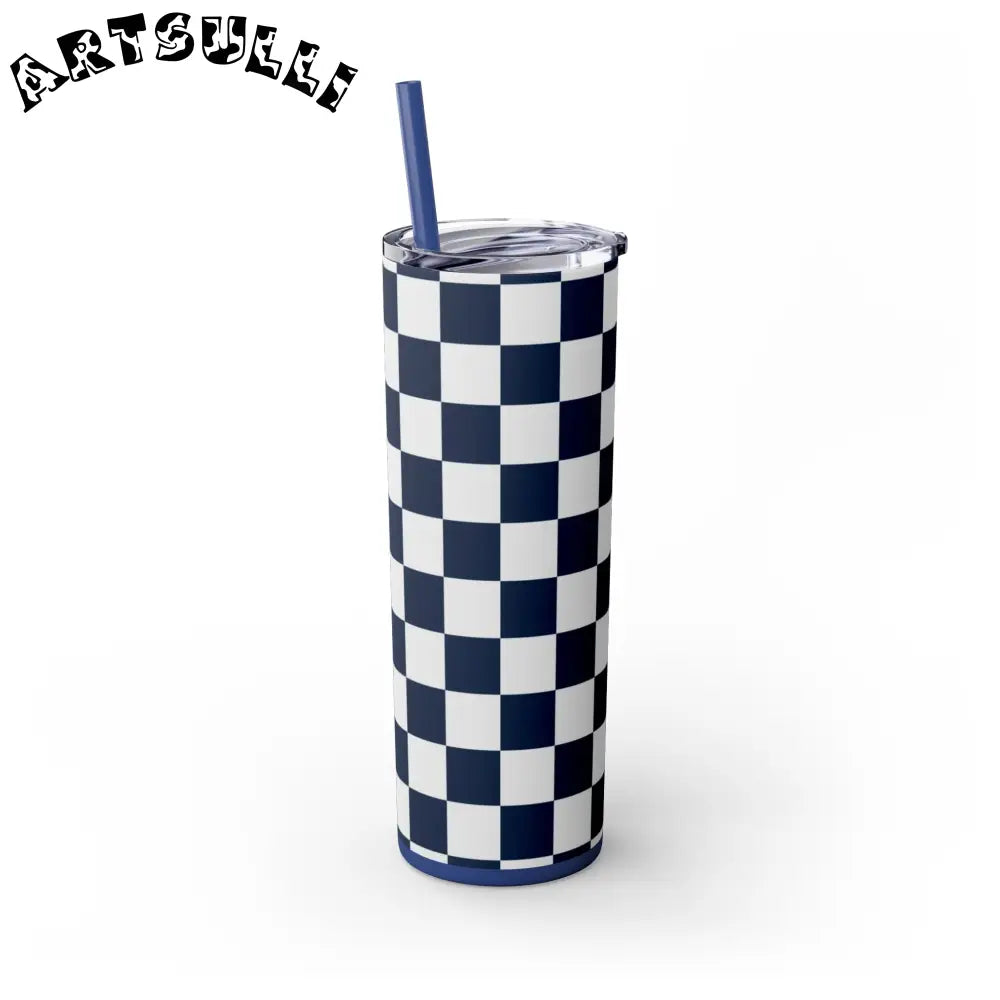 JAKKOUTTHEBXX Checkerboard White and Navy Blue Skinny Tumbler