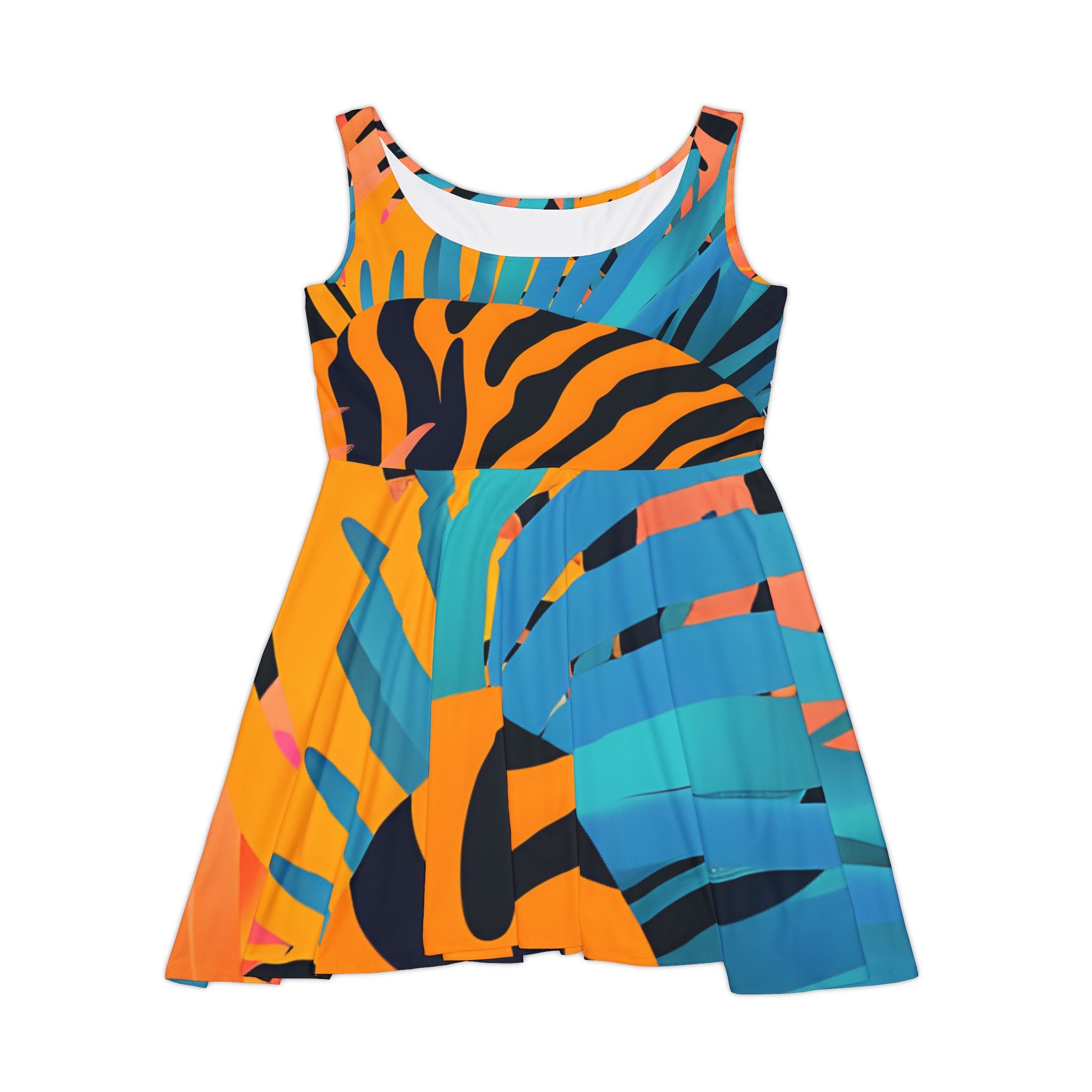 Palm Leaves x Tiger Stripes Orange and Blue Women's Skater Dress (AOP), Artsulli - Art is Long, Life is Short, All Over Prints, Size, XS, , , , , 91335935154525