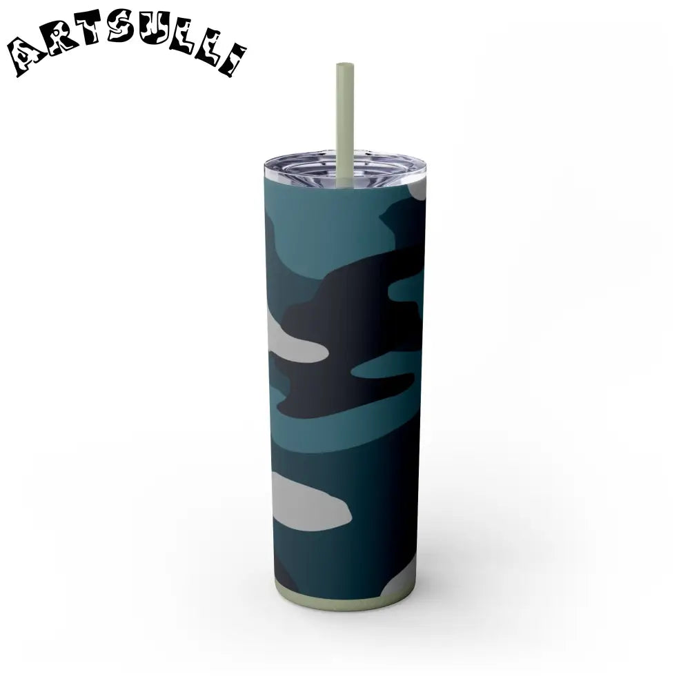 JAKKOUTTHEBXX Blue Camouflage Skinny Tumbler with Straw 20oz
