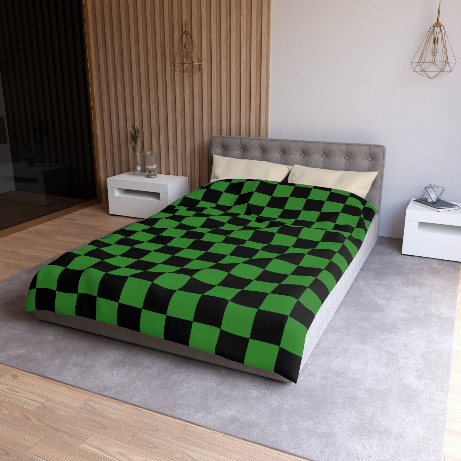 Checkerboard Green and Black Microfiber Duvet Cover, Artsulli - Art is Long, Life is Short, Home Decor, , , , , , , 