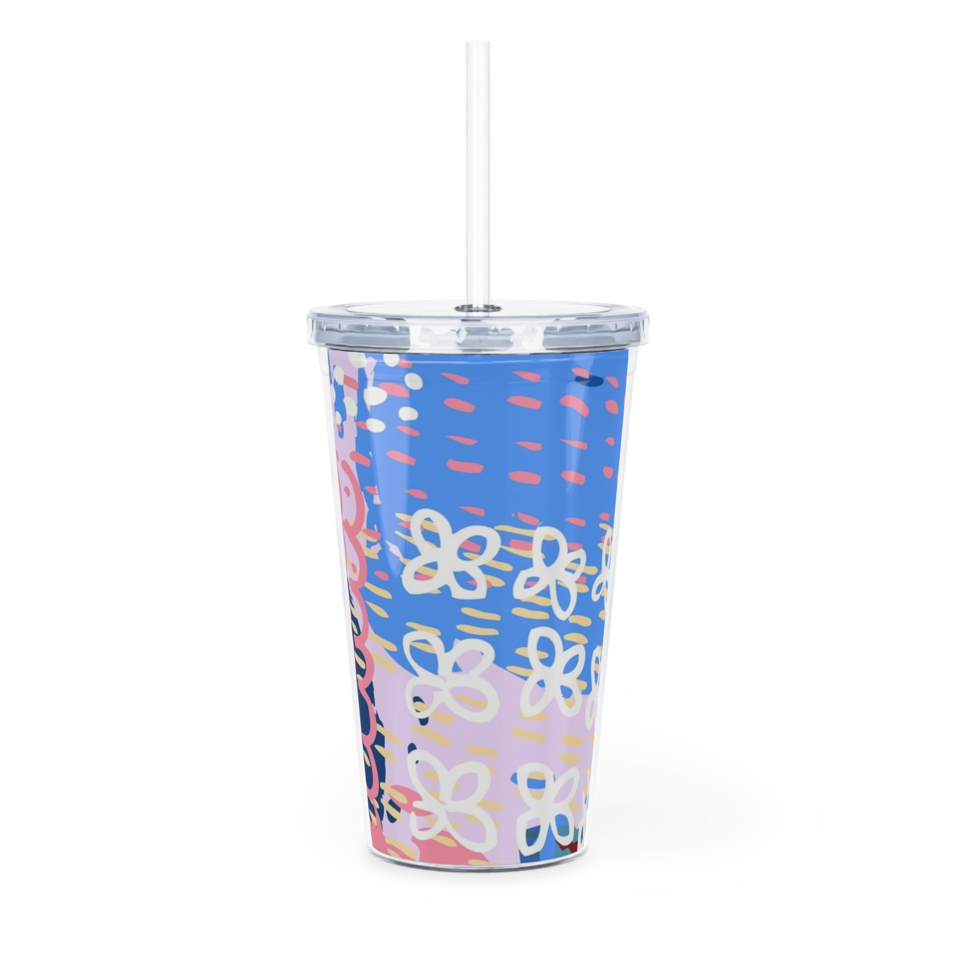 Flowers x Doodles x Hearts Multi-Color Plastic Tumbler with Straw, Artsulli - Art is Long, Life is Short, Mug, , , , , , , 