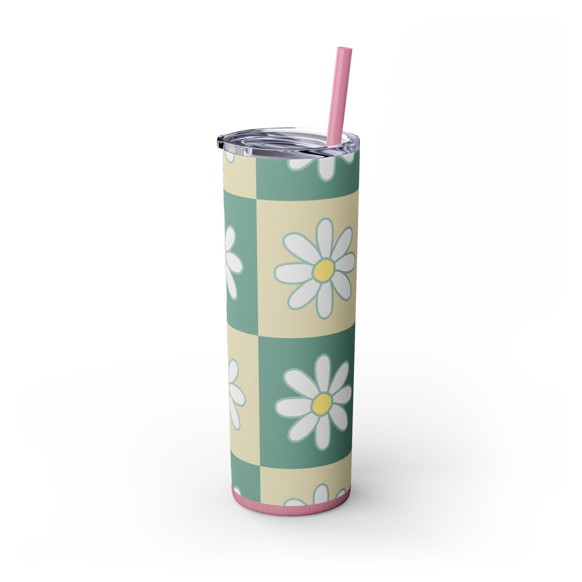 Retro Daisy Checkerboard Green and Tan Skinny Tumbler with Straw, 20oz, Artsulli - Art is Long, Life is Short, Mug, , , , , , , 