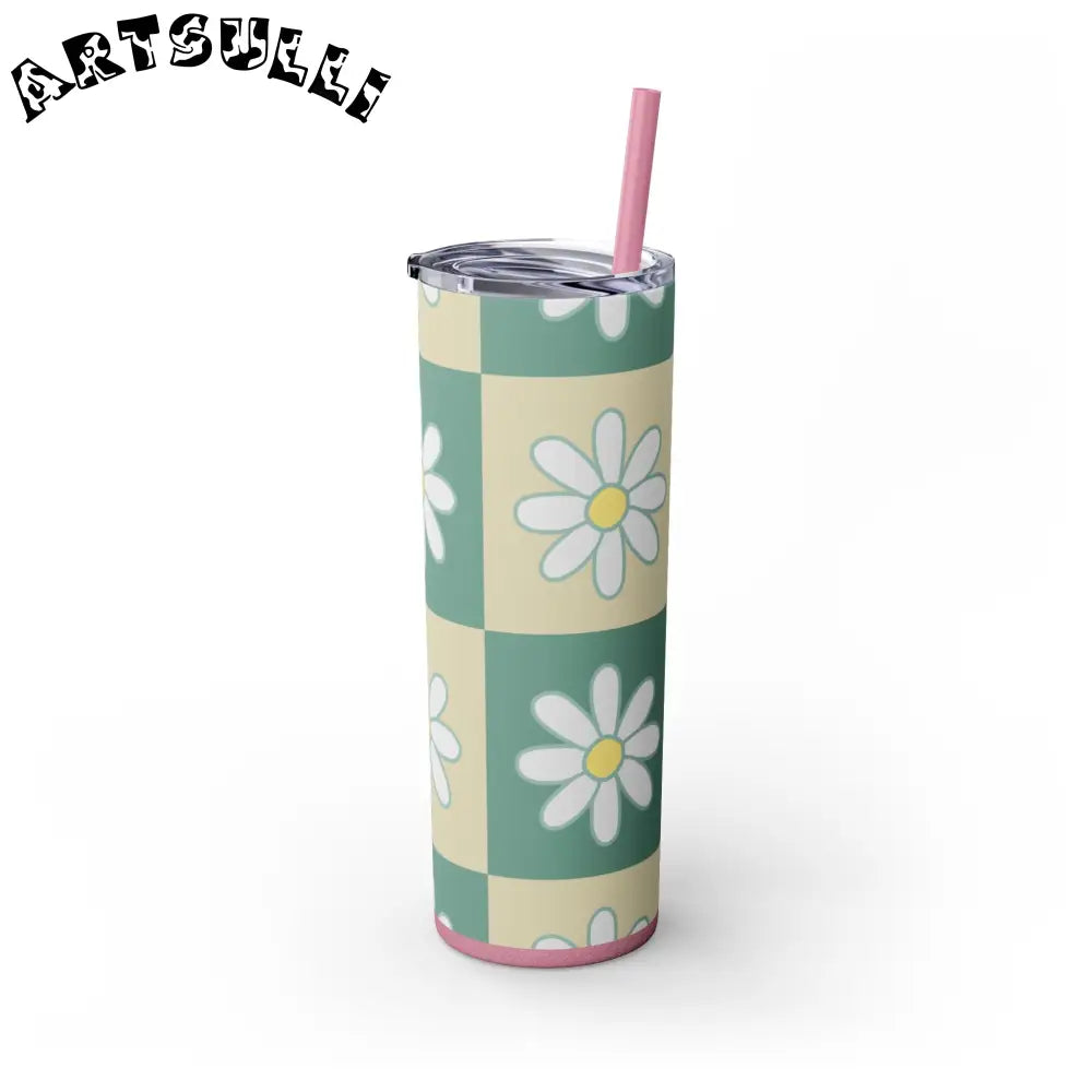 JAKKOUTTHEBXX Retro Daisy Checkerboard Green and Tan Skinny Tumbler