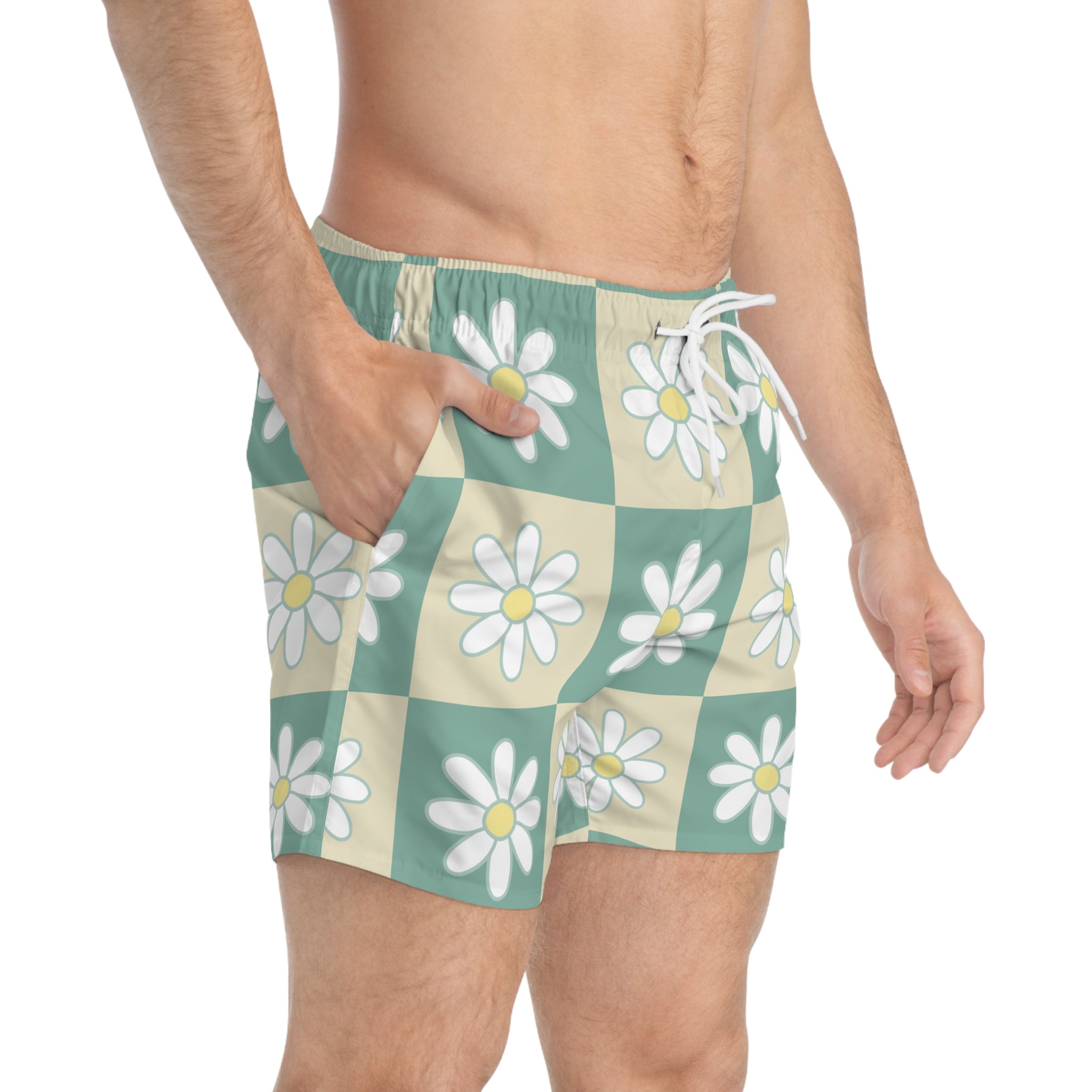 Retro Daisy Checkerboard Green and Tan Swim Trunks (AOP), Artsulli - Art is Long, Life is Short, All Over Prints, , , , , , , 