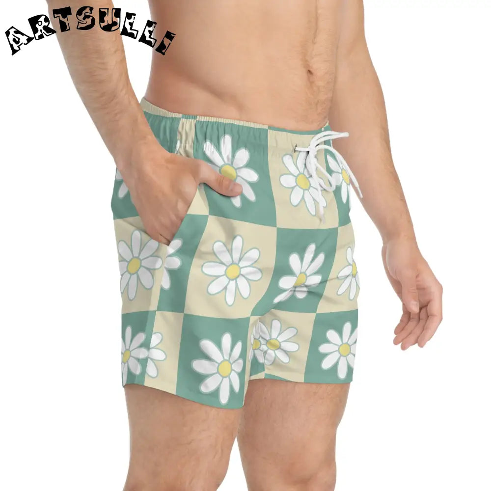 JAKKOUTTHEBXX Retro Daisy Checkerboard Green and Tan Swim Trunks