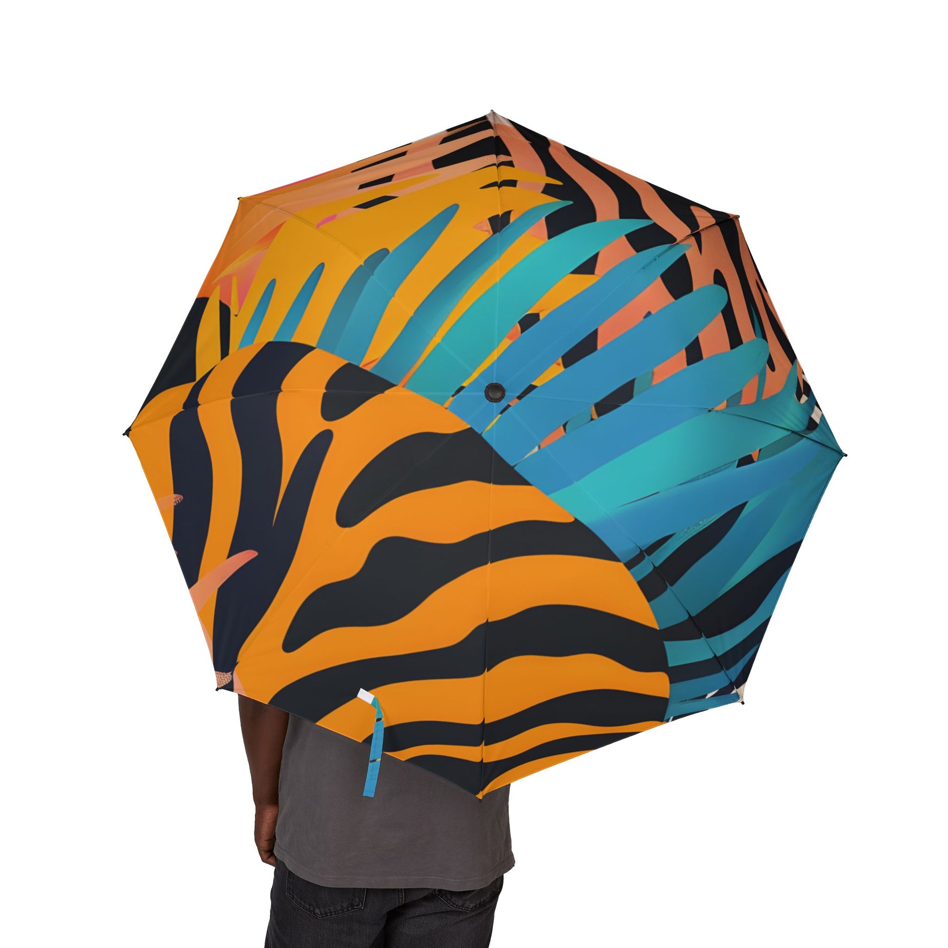 Palm Leaves x Zebra Stripes x Tiger Stripes Orange and Blue Multi-Color Semi-Automatic Foldable Umbrella, Artsulli - Art is Long, Life is Short, Accessories, , , , , , , 