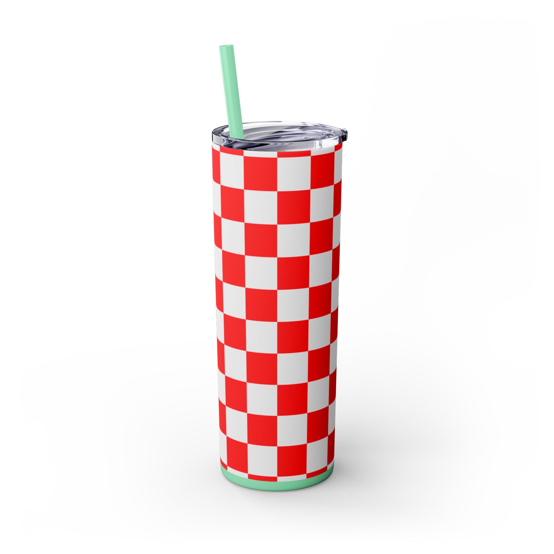 Checkerboard Red and White Skinny Tumbler with Straw, 20oz, Artsulli - Art is Long, Life is Short, Mug, , , , , , , 