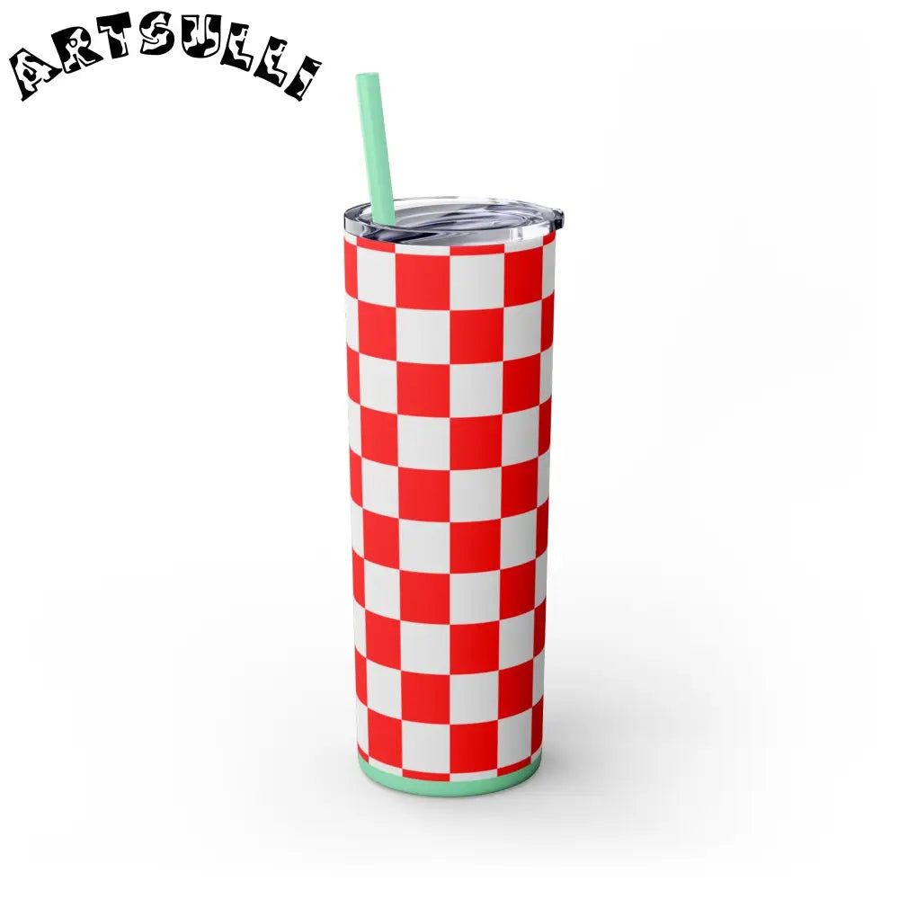 JAKKOUTTHEBXX Checkerboard Red and White Skinny Tumbler with Straw