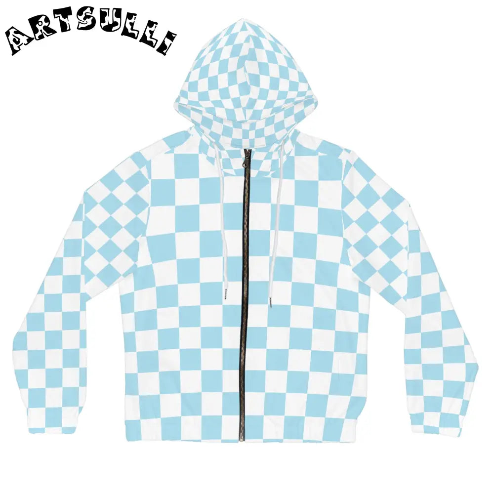 JAKKOUTTHEBXX Checkerboard Sky Blue Women’s Full-Zip Hoodie (AOP)