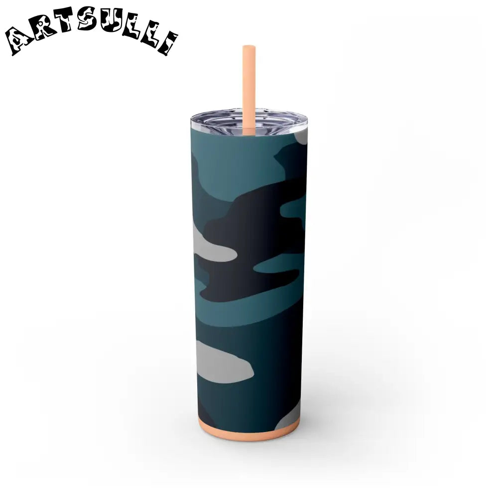 JAKKOUTTHEBXX Blue Camouflage Skinny Tumbler with Straw 20oz