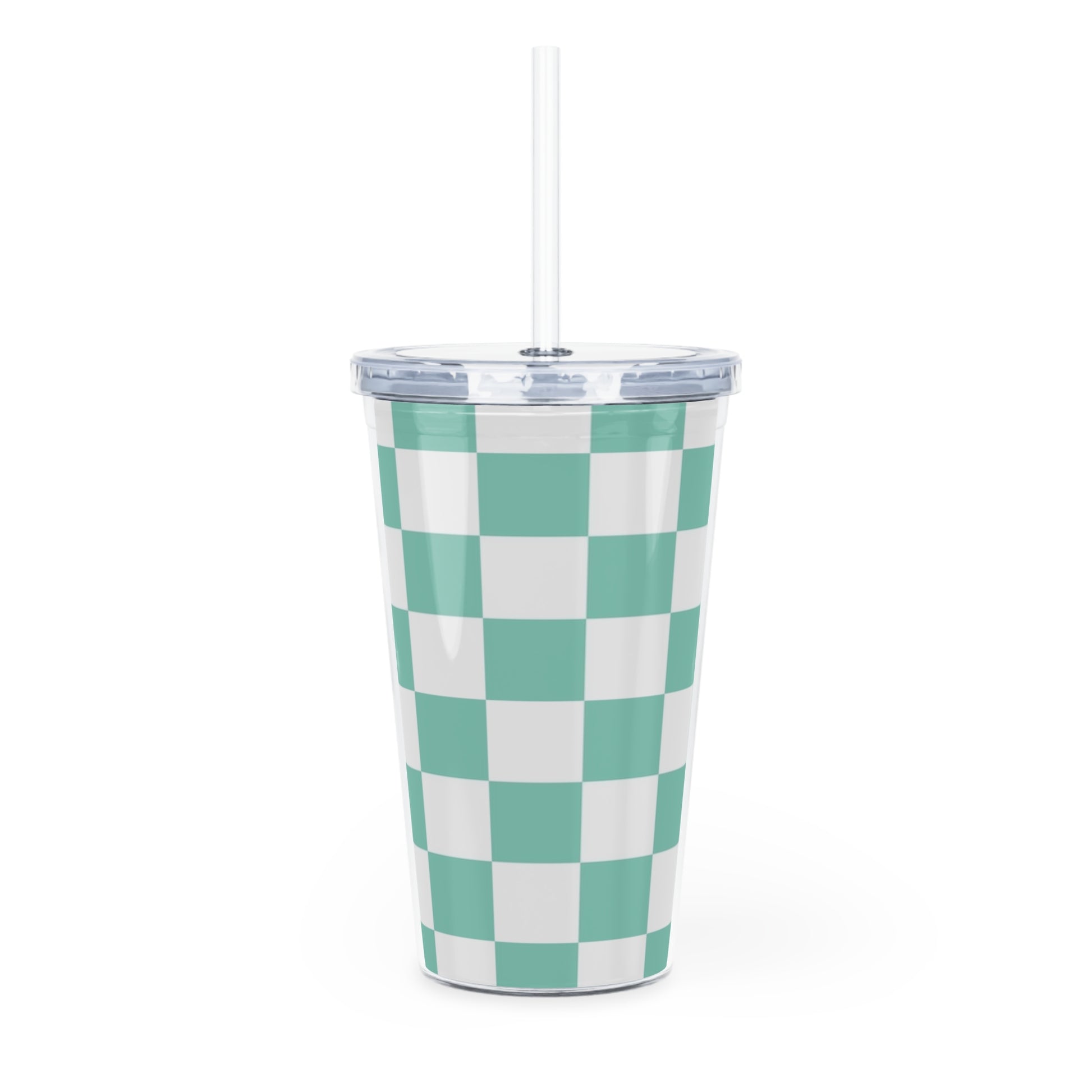 Checkerboard Light Green Plastic Tumbler with Straw, Artsulli - Art is Long, Life is Short, Mug, , , , , , , 