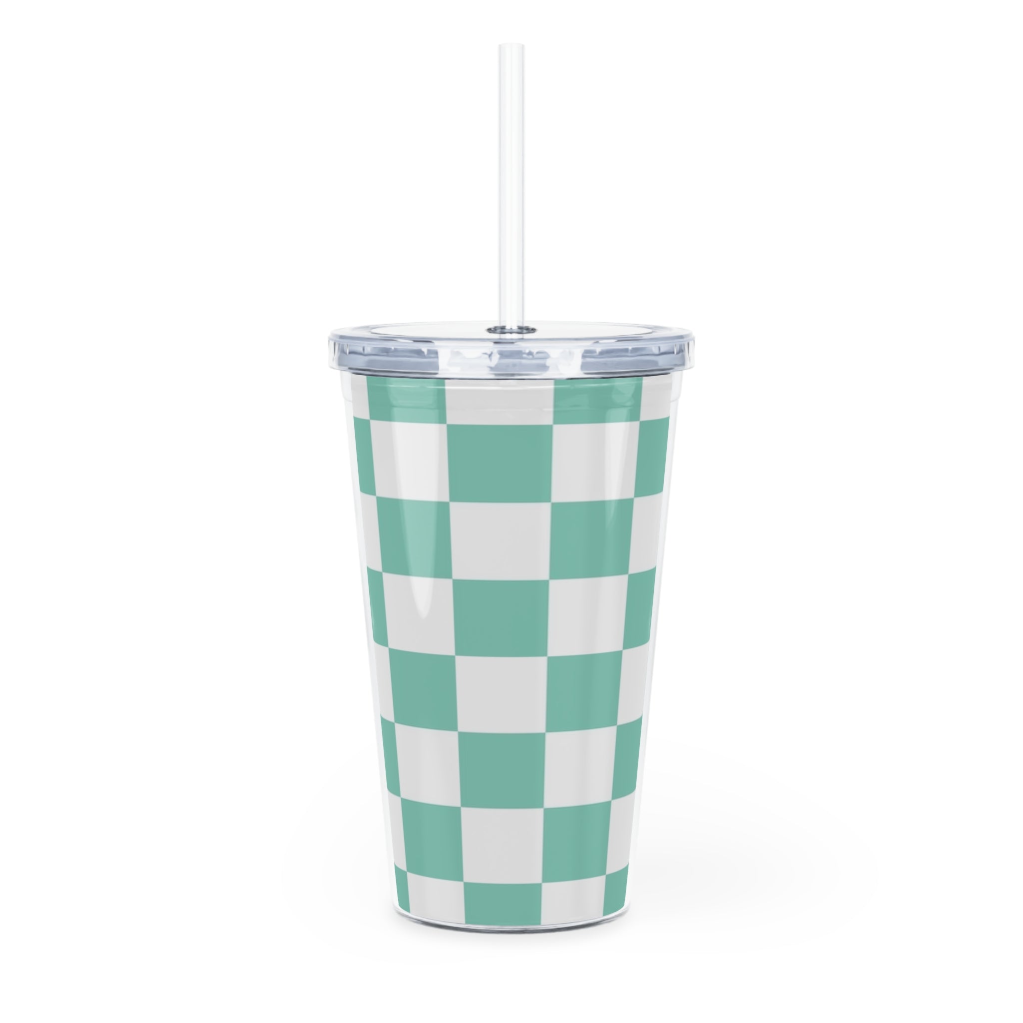 Checkerboard Light Green Plastic Tumbler with Straw, Artsulli - Art is Long, Life is Short, Mug, , , , , , , 