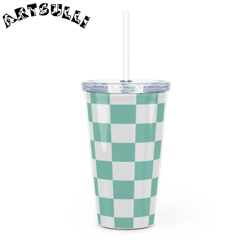 JAKKOUTTHEBXX Checkerboard Light Green Plastic Tumbler with Straw