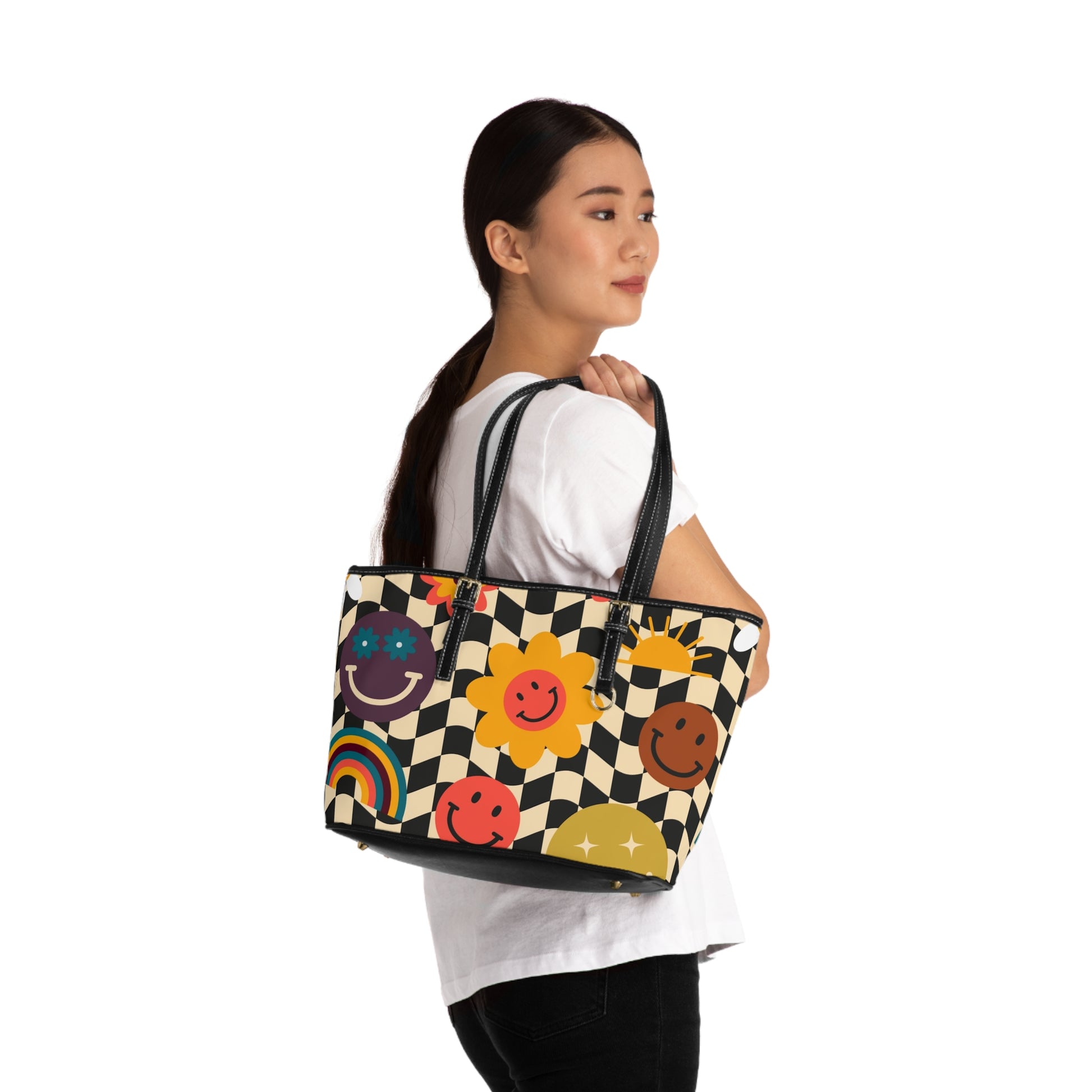 Trippy x Wavy Checkerboard x Smiley Face x Rainbow x Flowers Multi-Color PU Leather Shoulder Bag, Artsulli - Art is Long, Life is Short, Bags, , , , , , , 