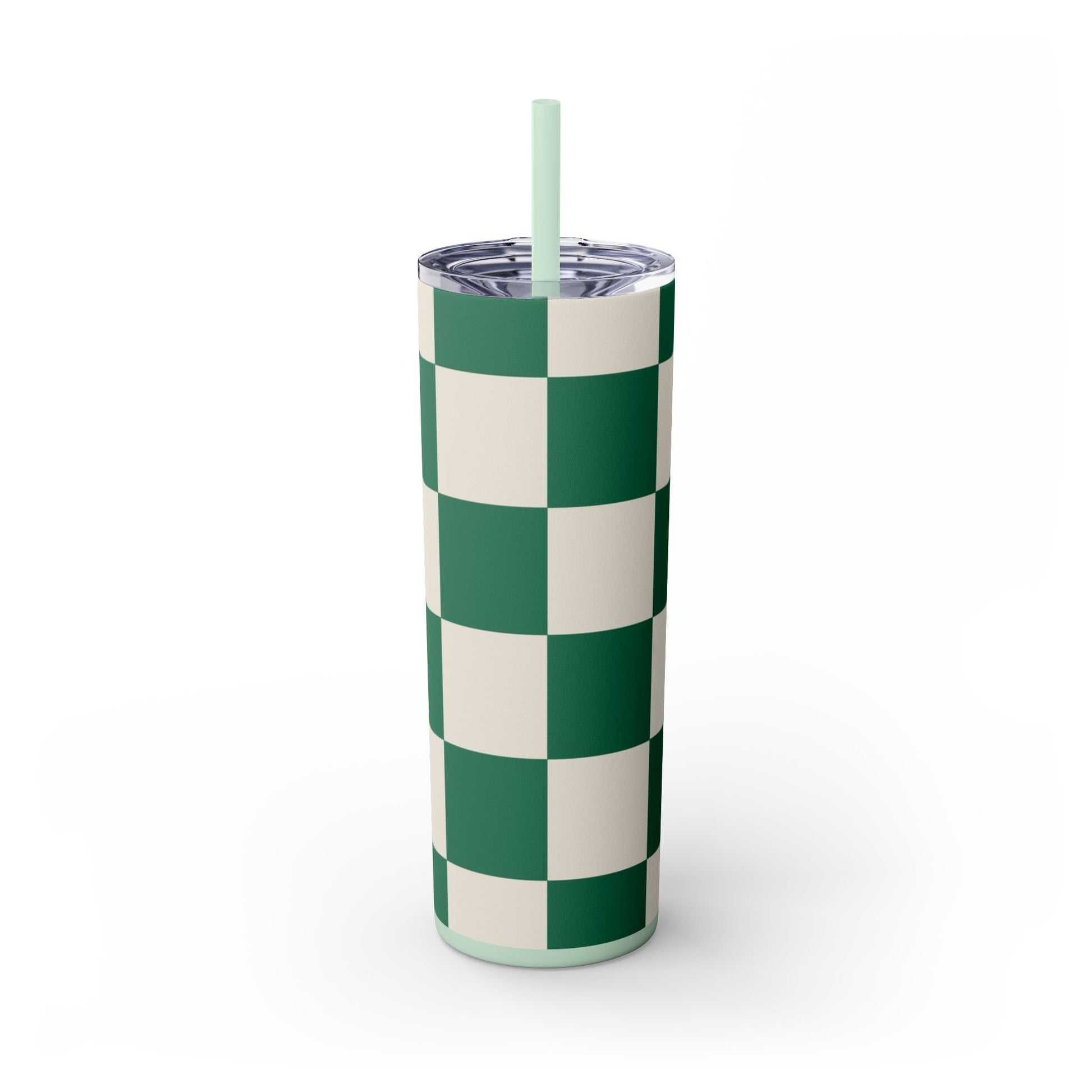 Checkerboard Dark Green Skinny Tumbler with Straw, 20oz, Artsulli - Art is Long, Life is Short, Mug, , , , , , , 