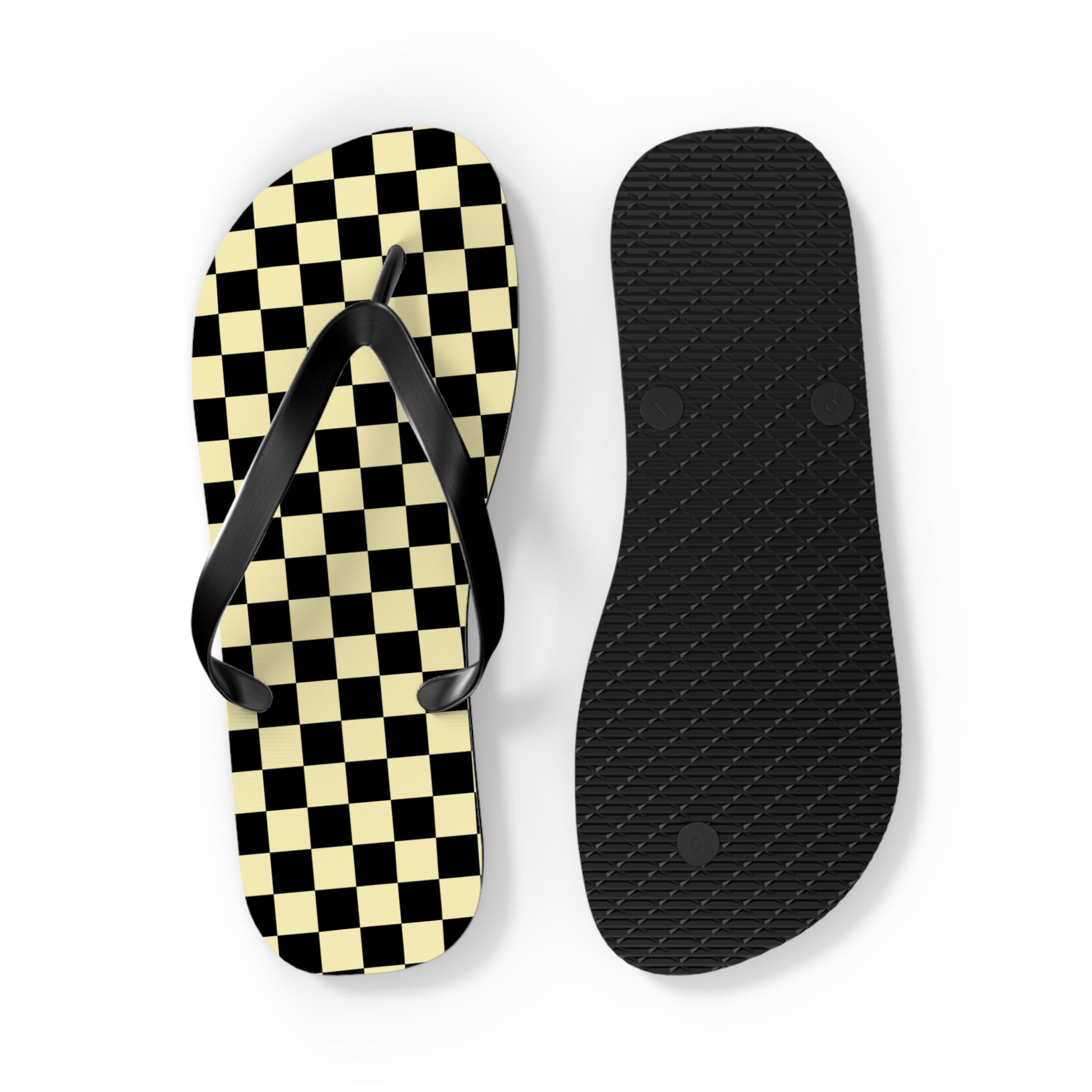 Checkerboard Black and Yellow Flip Flops, Artsulli - Art is Long, Life is Short, Shoes, , , , , , , 