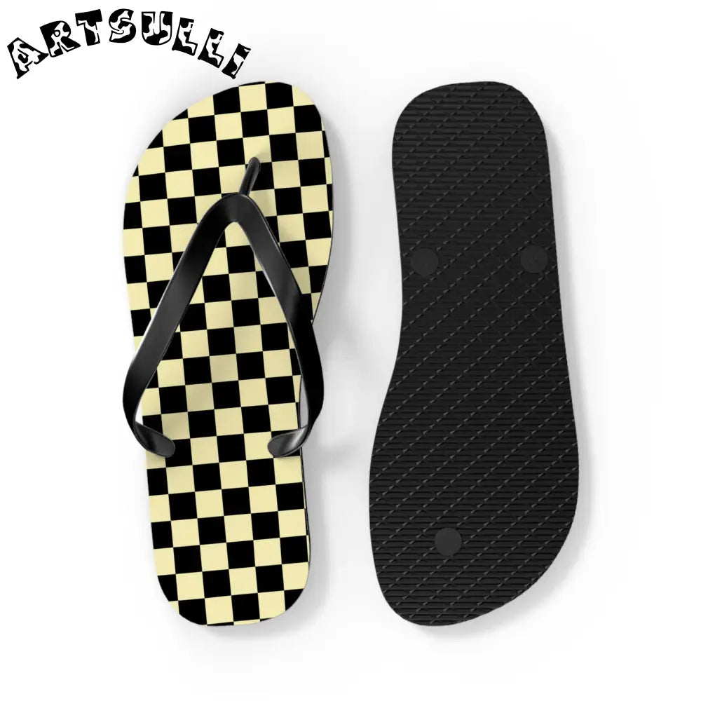 JAKKOUTTHEBXX Checkerboard Black and Yellow Flip Flops JAKKOUTTHEBXX