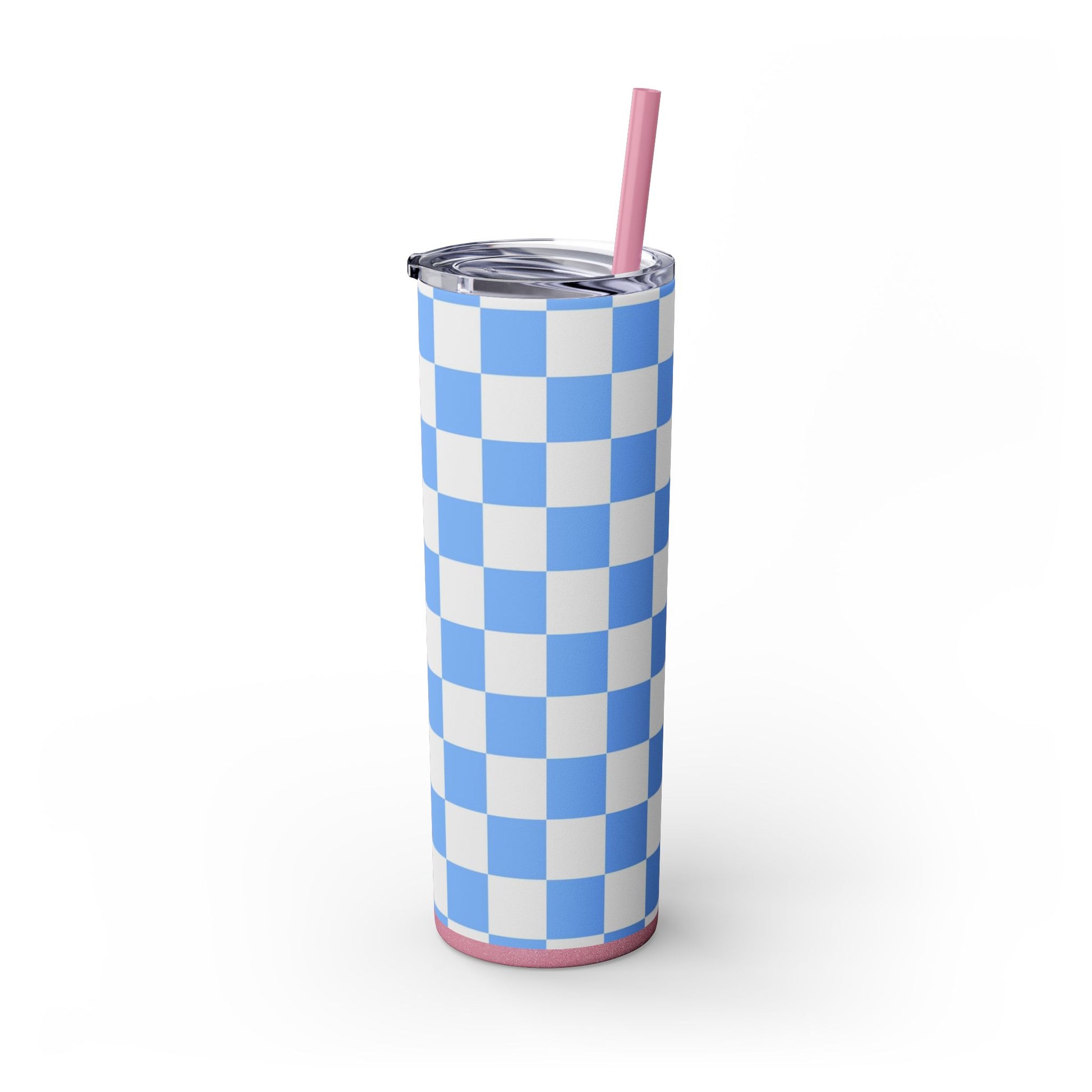 Checkerboard White and Light Blue Skinny Tumbler with Straw, 20oz, Artsulli - Art is Long, Life is Short, Mug, , , , , , , 