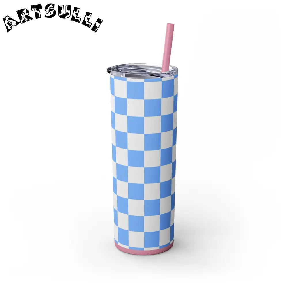 JAKKOUTTHEBXX Checkerboard White and Light Blue Skinny Tumbler