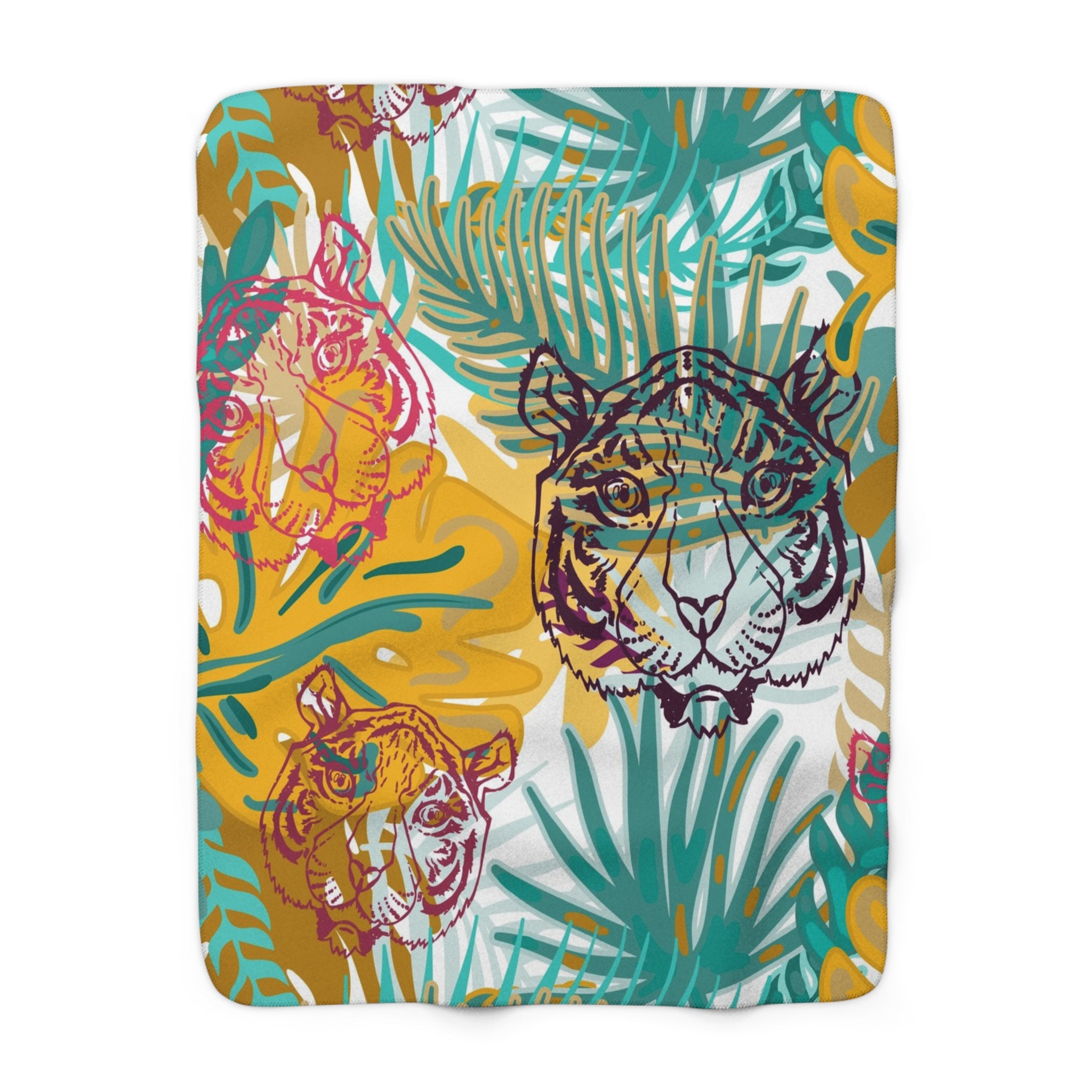 Tropical Jungle Tigers Brown and Green Sherpa Fleece Blanket, Artsulli - Art is Long, Life is Short, Home Decor, Size, 50" × 60", , , , , 14497268798747