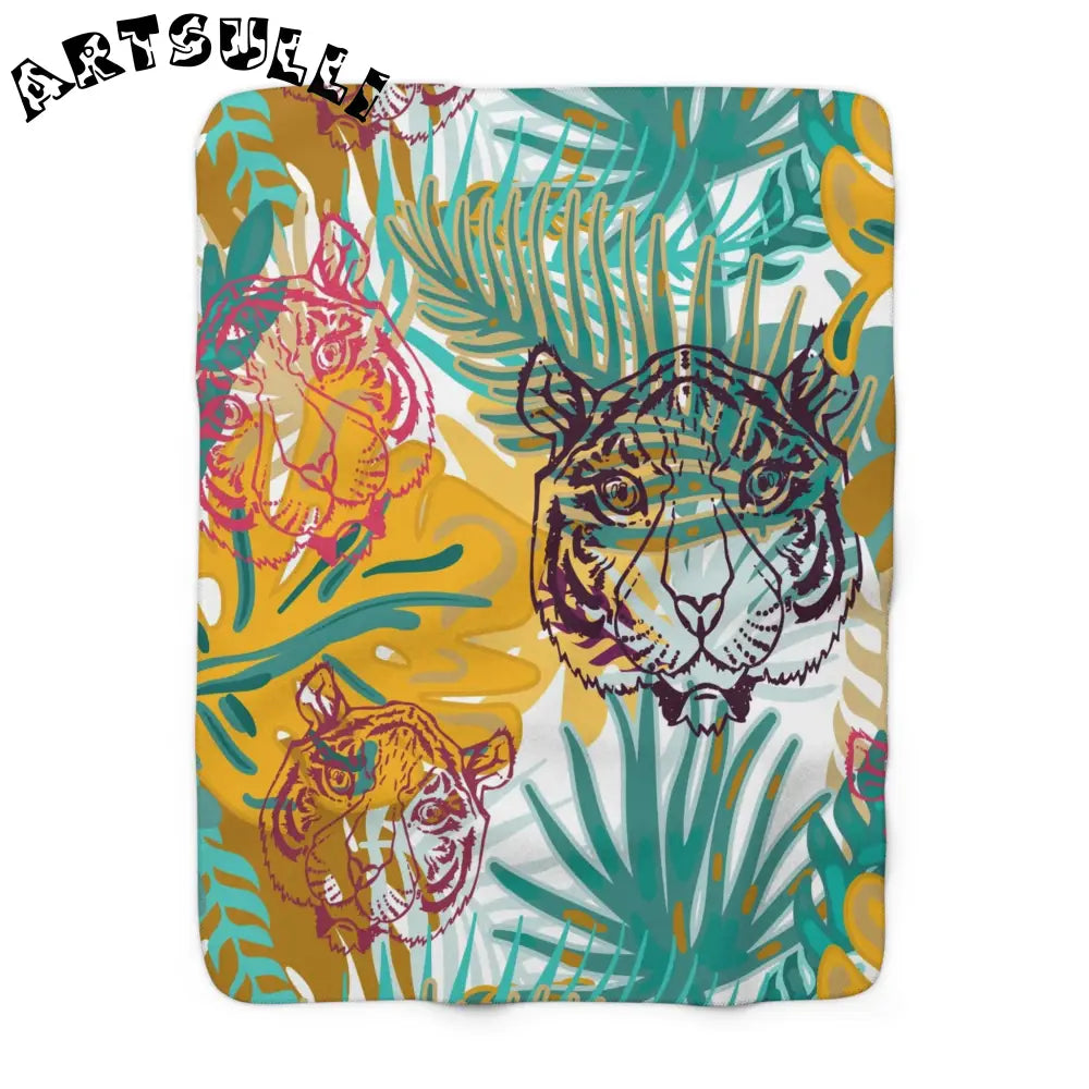JAKKOUTTHEBXX Tropical Jungle Tigers Brown and Green Sherpa Fleece