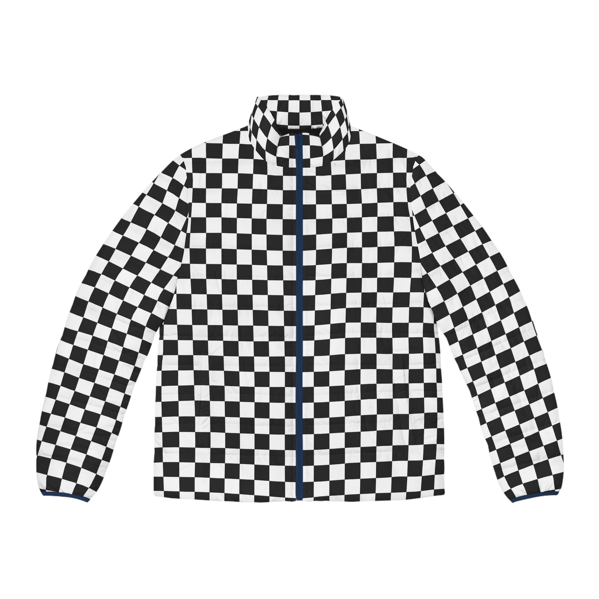Checkerboard White and Black Men's Puffer Jacket (AOP), Artsulli - Art is Long, Life is Short, All Over Prints, Size, S, Color, Dark blue zipper, , , 25952800337314494161