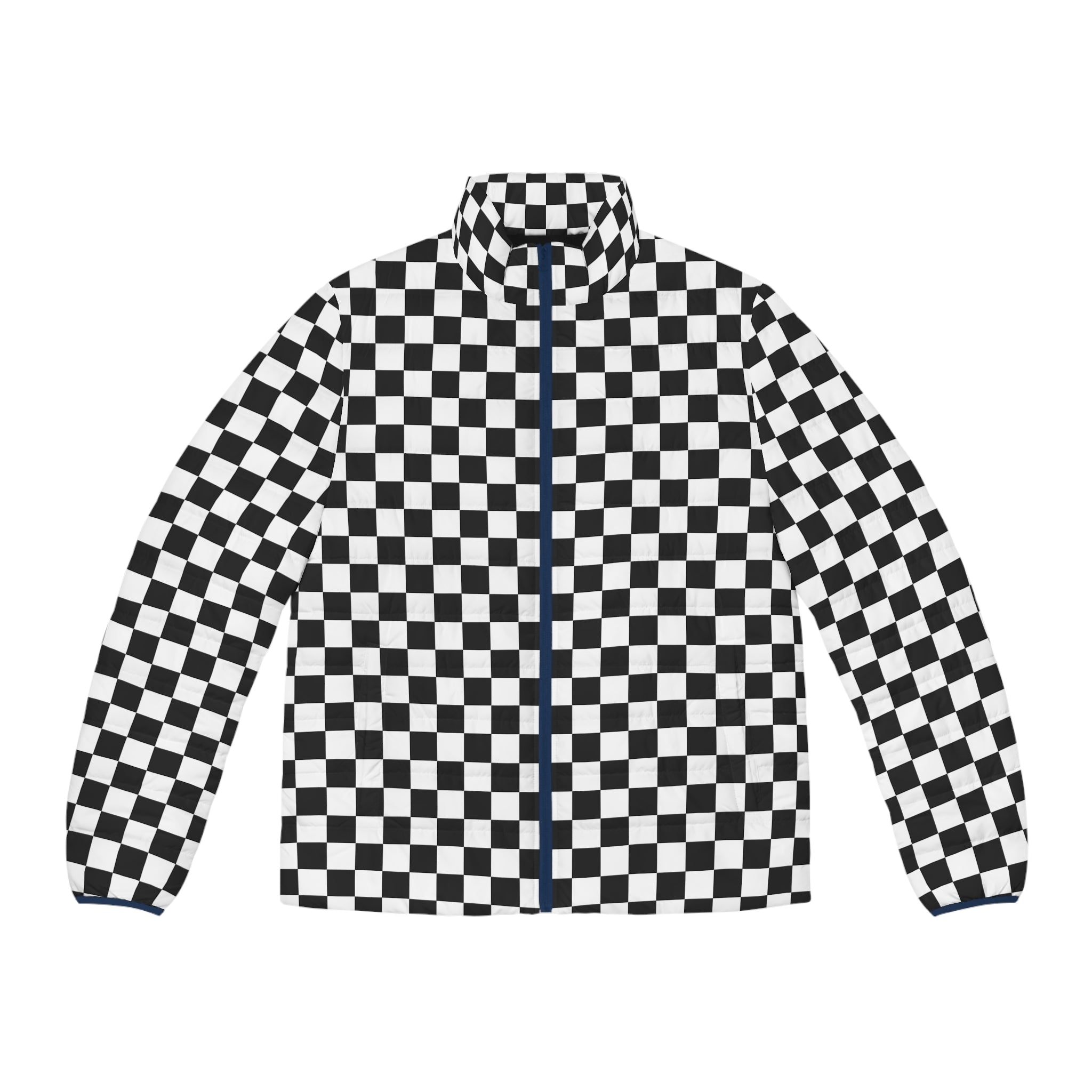 Checkerboard White and Black Men's Puffer Jacket (AOP), Artsulli - Art is Long, Life is Short, All Over Prints, Size, S, Color, Dark blue zipper, , , 25952800337314494161