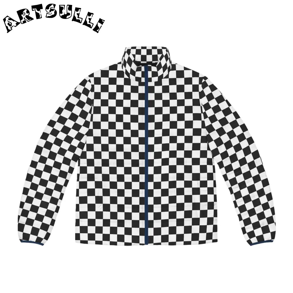 JAKKOUTTHEBXX Checkerboard White and Black Men’s Puffer Jacket (AOP)