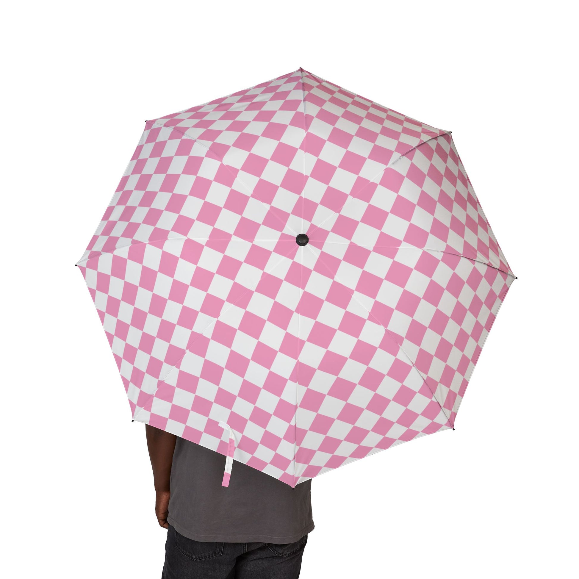 Checkerboard Hot Pink and White Semi-Automatic Foldable Umbrella, Artsulli - Art is Long, Life is Short, Accessories, , , , , , , 