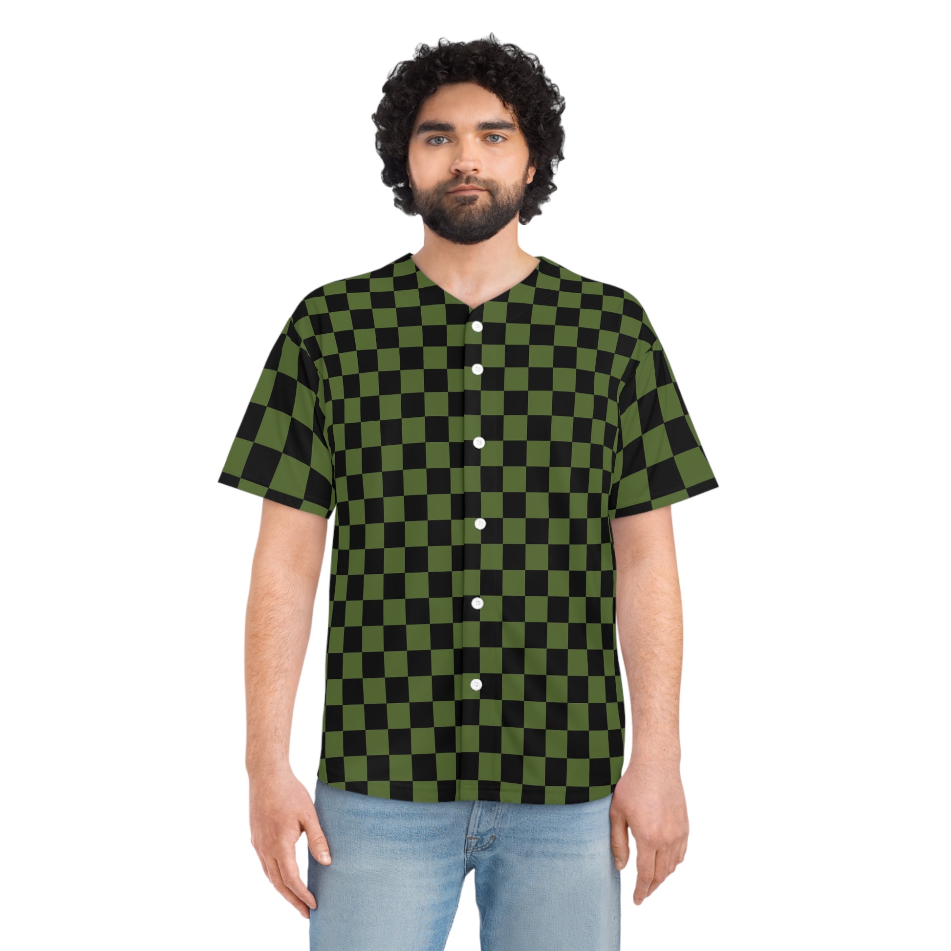 Checkerboard Olive Green and Black Men's Baseball Jersey (AOP), Artsulli - Art is Long, Life is Short, All Over Prints, , , , , , , 
