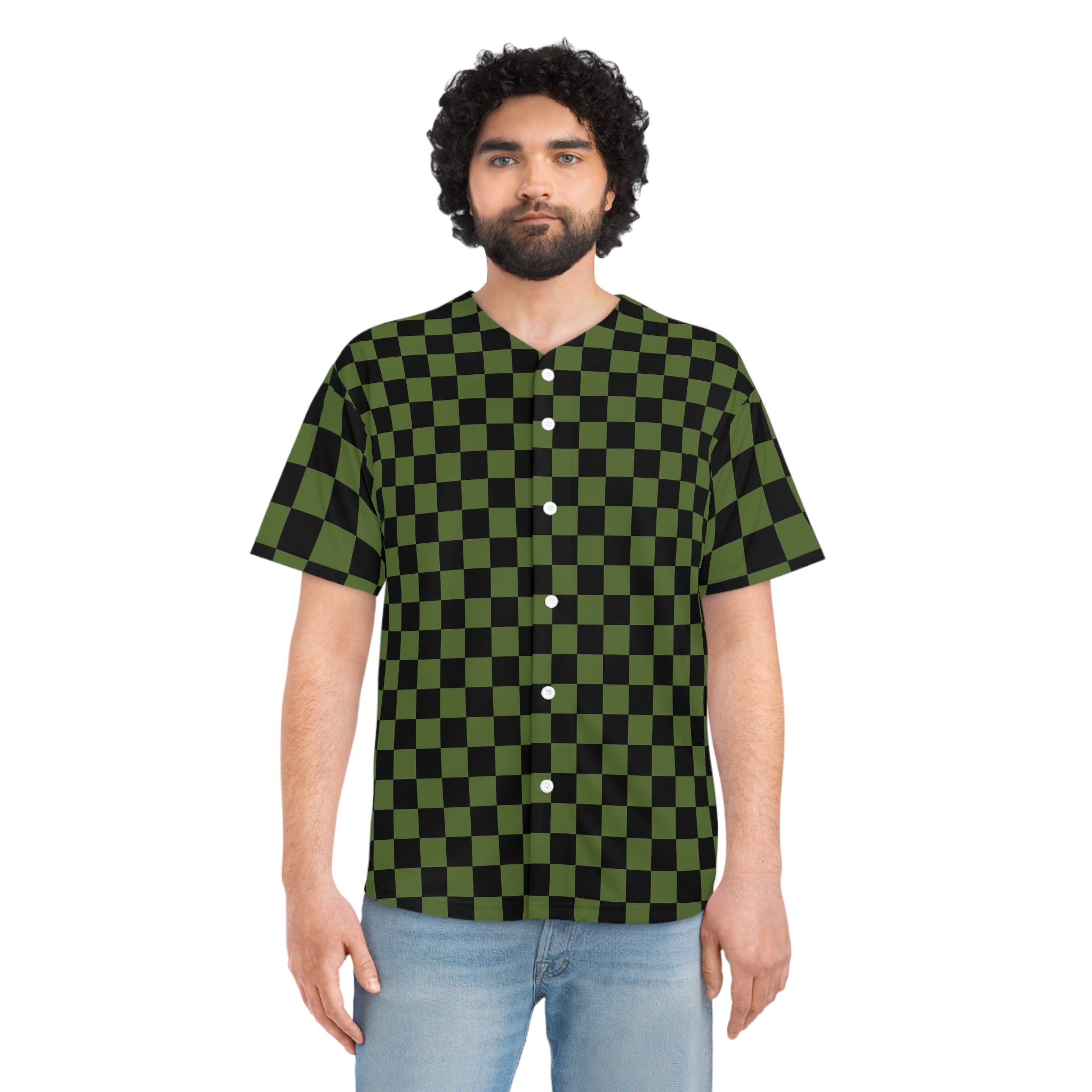 Checkerboard Olive Green and Black Men's Baseball Jersey (AOP), Artsulli - Art is Long, Life is Short, All Over Prints, , , , , , , 