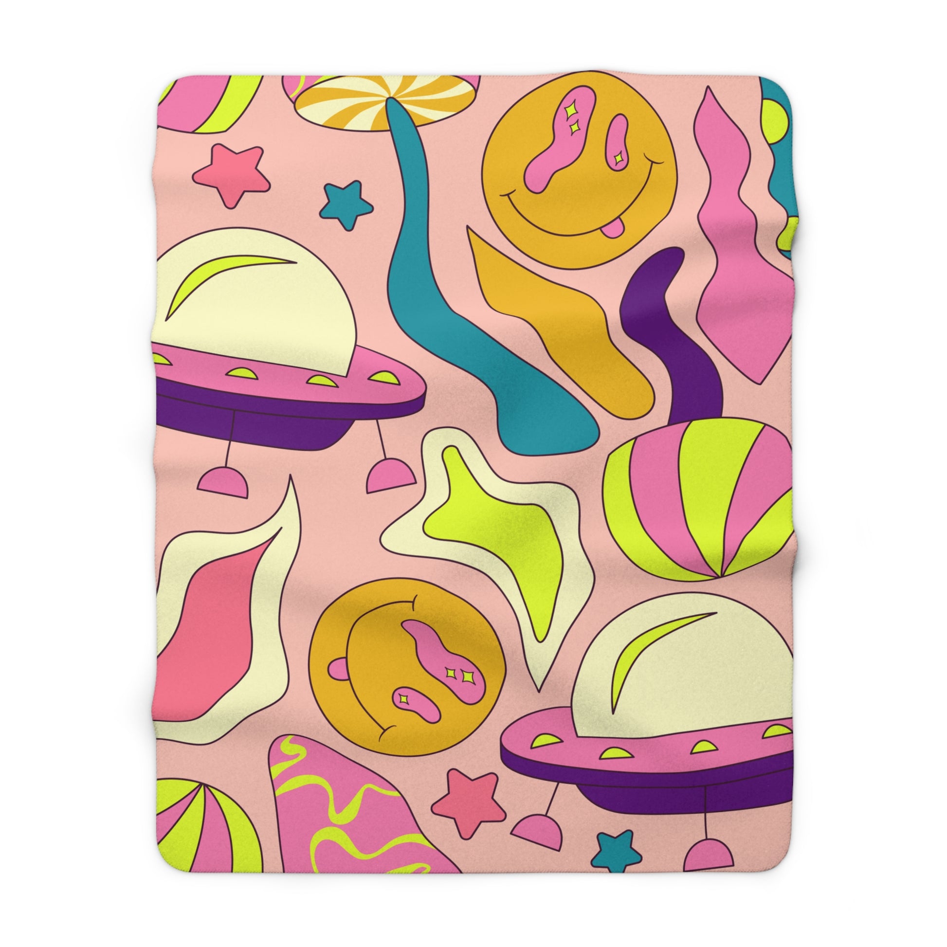 Trippy Spaceships Pink Sherpa Fleece Blanket, Artsulli - Art is Long, Life is Short, Home Decor, Size, 60" × 80", , , , , 14048955607671