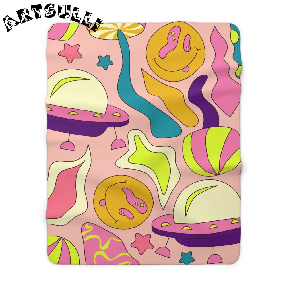 JAKKOUTTHEBXX Trippy Spaceships Pink Sherpa Fleece Blanket