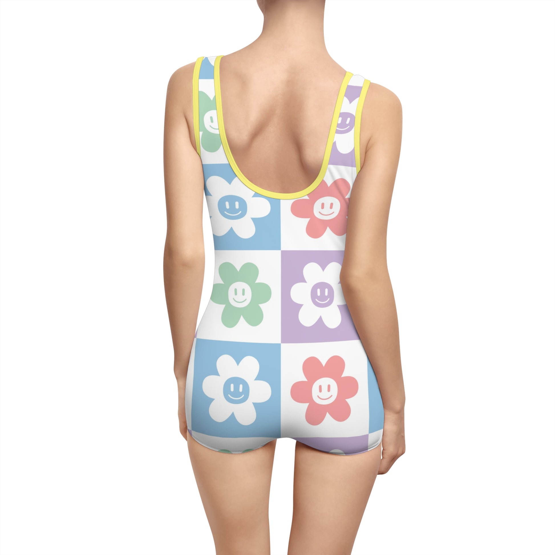 Chessboard x Smiley Face Flowers Multi-Color Women's Vintage Swimsuit (AOP), Artsulli - Art is Long, Life is Short, All Over Prints, , , , , , , 
